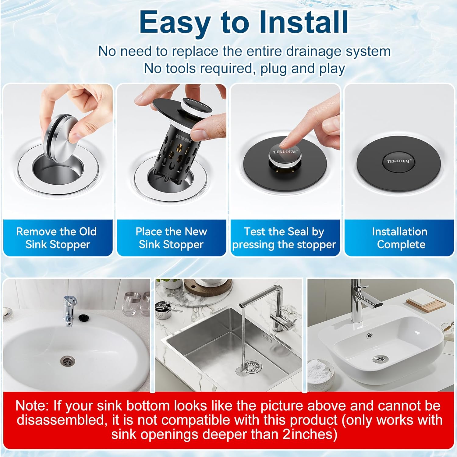Bathroom Sink Drain Strainer,All Metal Pop-Up Sink Stopper with Removable Stainless Steel Filter Basket, Universal Bathroom Hair Catcher Fit for 1.1-2.36'' Drain (Black, 2 Pack)