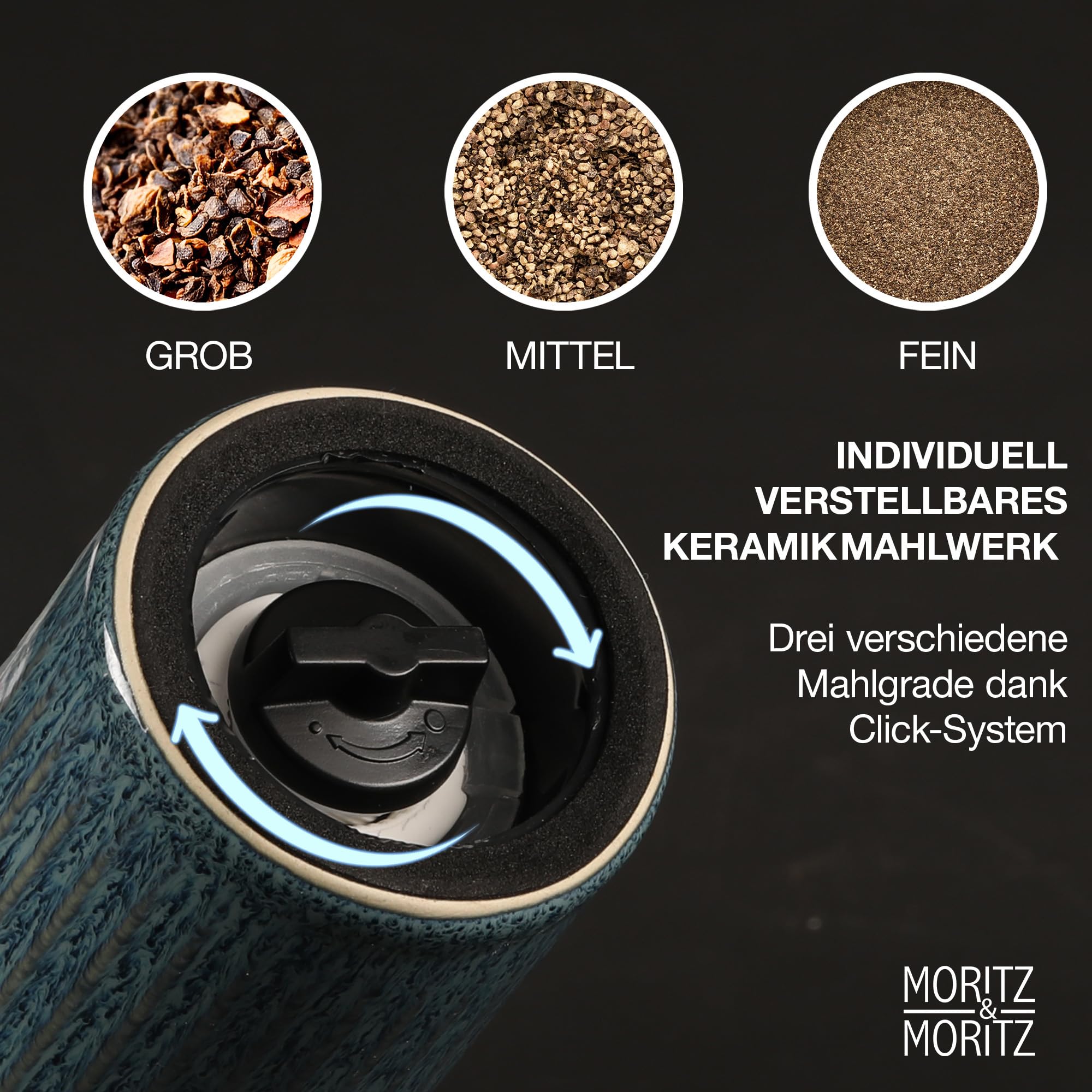 Moritz & Moritz PEPE Gewürzmühle 2er Set blau/grün - Salz und Pfeffermühle aus Steinzeug & Akazienholz mit Keramikmahlwerk, einstellbarem Mahlgrad und innovativem Click-System - Salzmühle & Chilimühle