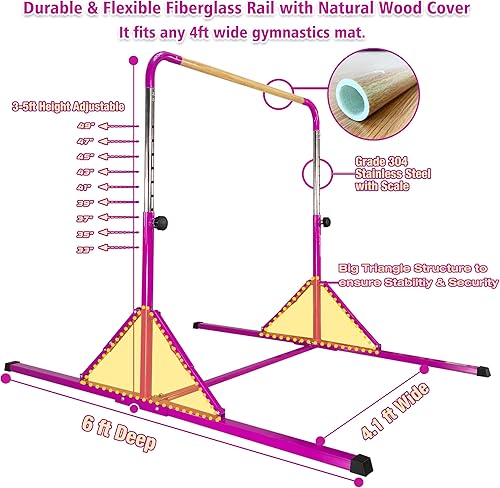 Vista 2 de PreGymnastic No Wobble Gymnastics Bar, 6ft Long Base Gymnastic bar for Kids, Super Easy Folding Gymnastics Bar, Adjustable Gymnastics Kip Bar for