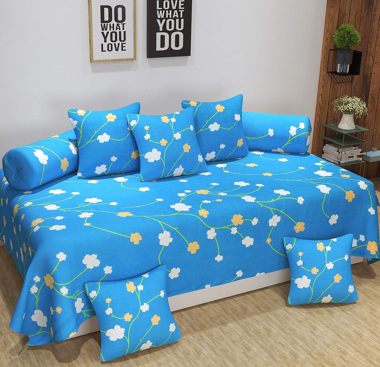 Castiqa Microfibre Elegant Patterns Cotton Diwan Set Covers 8 Pcs Set of 1 Bedsheet 2 Bolsters and 5 Cushion Covers Colour Blue-image-27