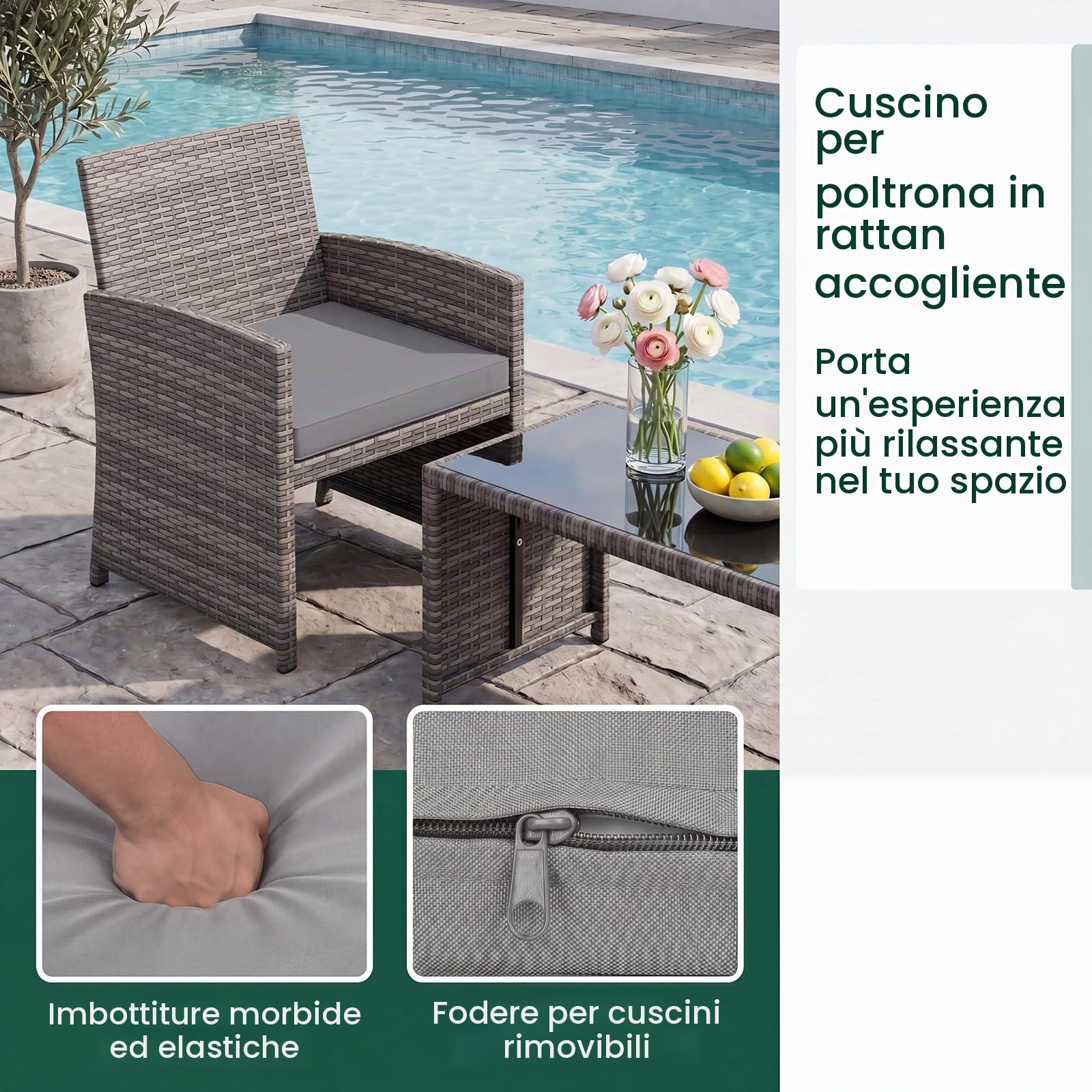 GIANTEX Set di mobili da giardino in rattan, 4 pezzi, divano a 2 posti, 2 poltrone, tavolino con ripiano in vetro, per 4 persone, tavolo e sedie per terrazza, patio (grigio)