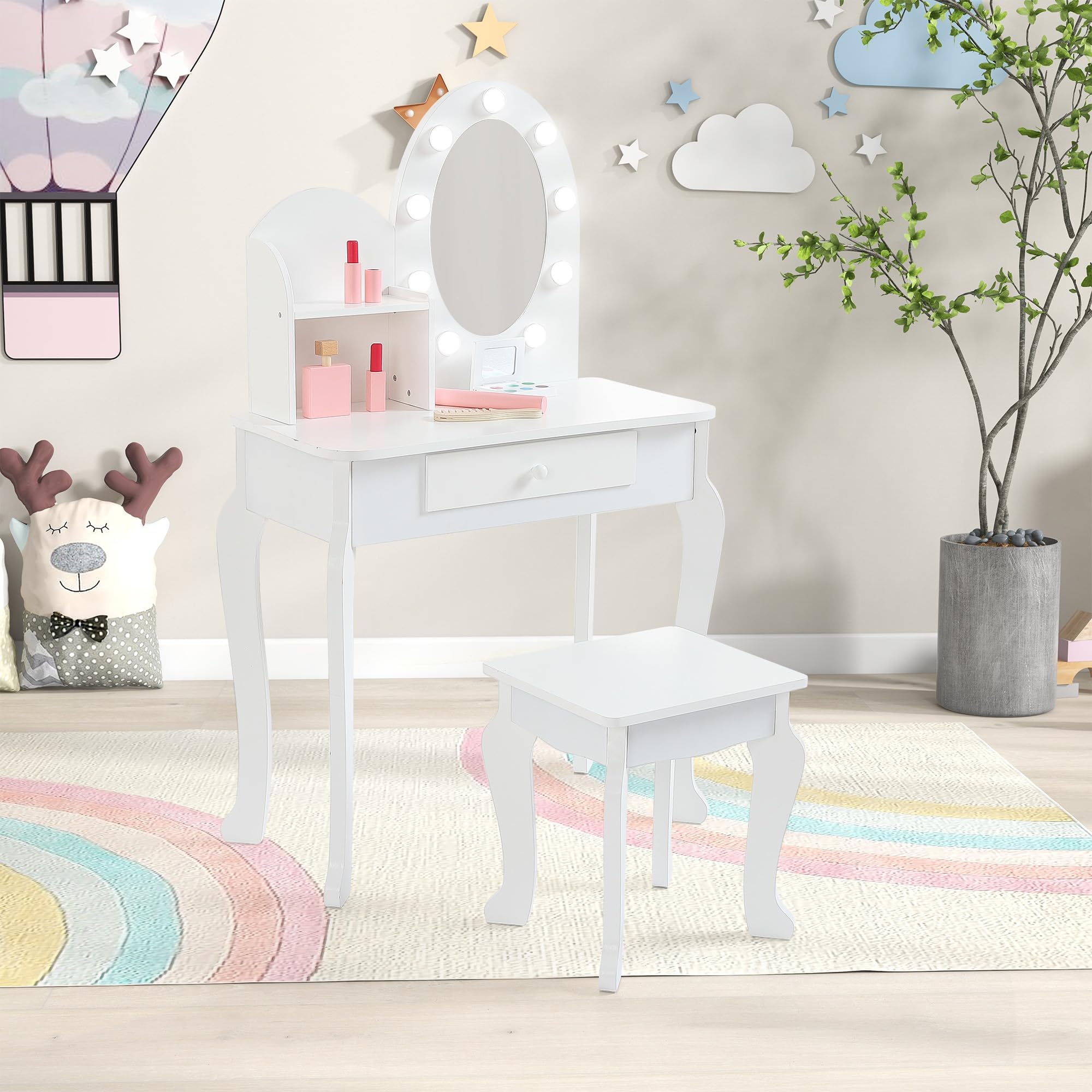 Aptliton Kids Princess Vanity Set, Little Girl Pretend Play Make Up Vanity Table and Stool with Lighted Mirror, Makeup Playset, Storage Drawer, White Makeup Dressing Desk for Girls