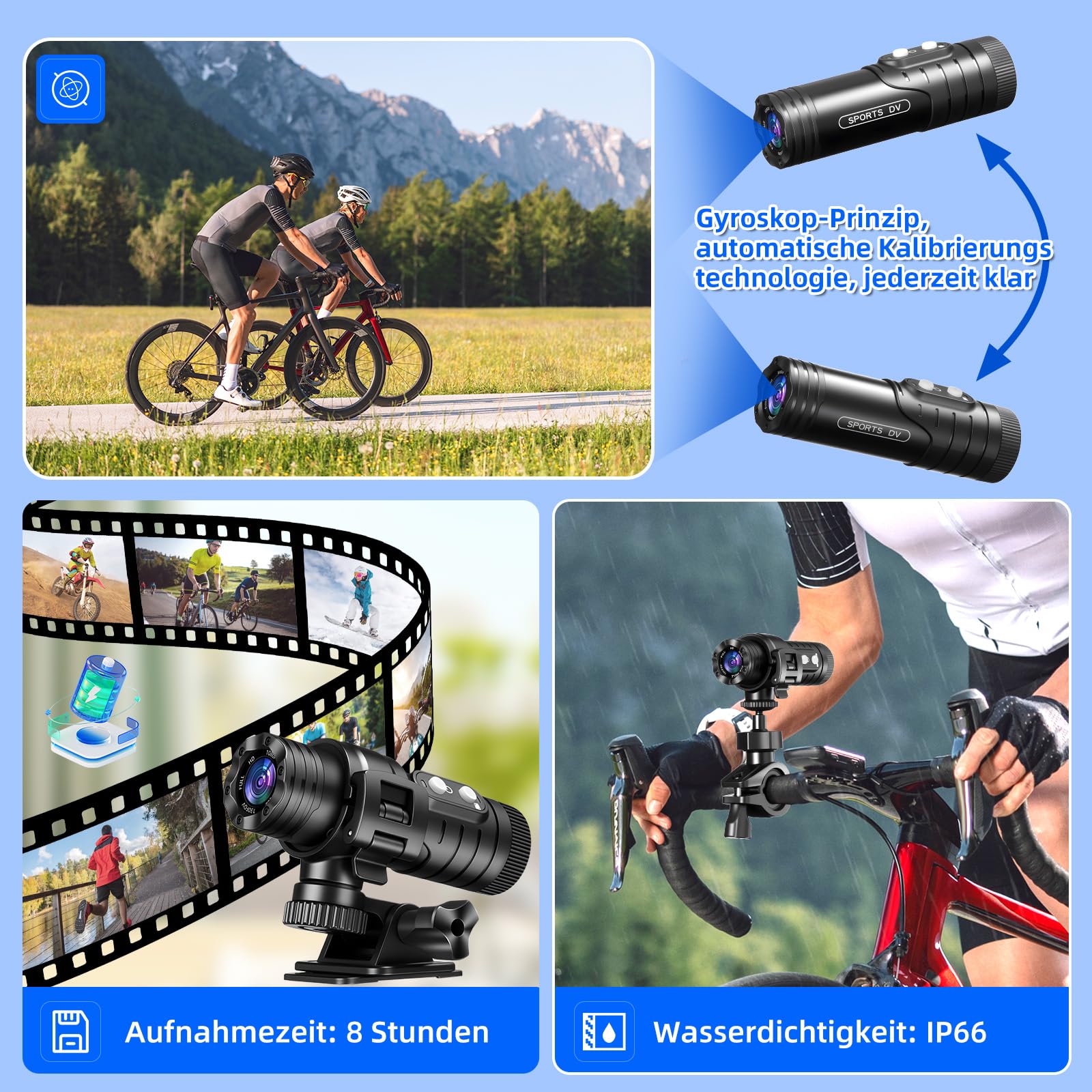 AIKER Dashcam Fahrrad,Verbesserte Version WiFi Action Cam Intelligente Aktive Stabilisierung und Echtzeit-Pegelkorrekturfunktion helmkamera,1080P HD&120°Weitwinkel Action Kamera,Mit 64GB Speicherkarte