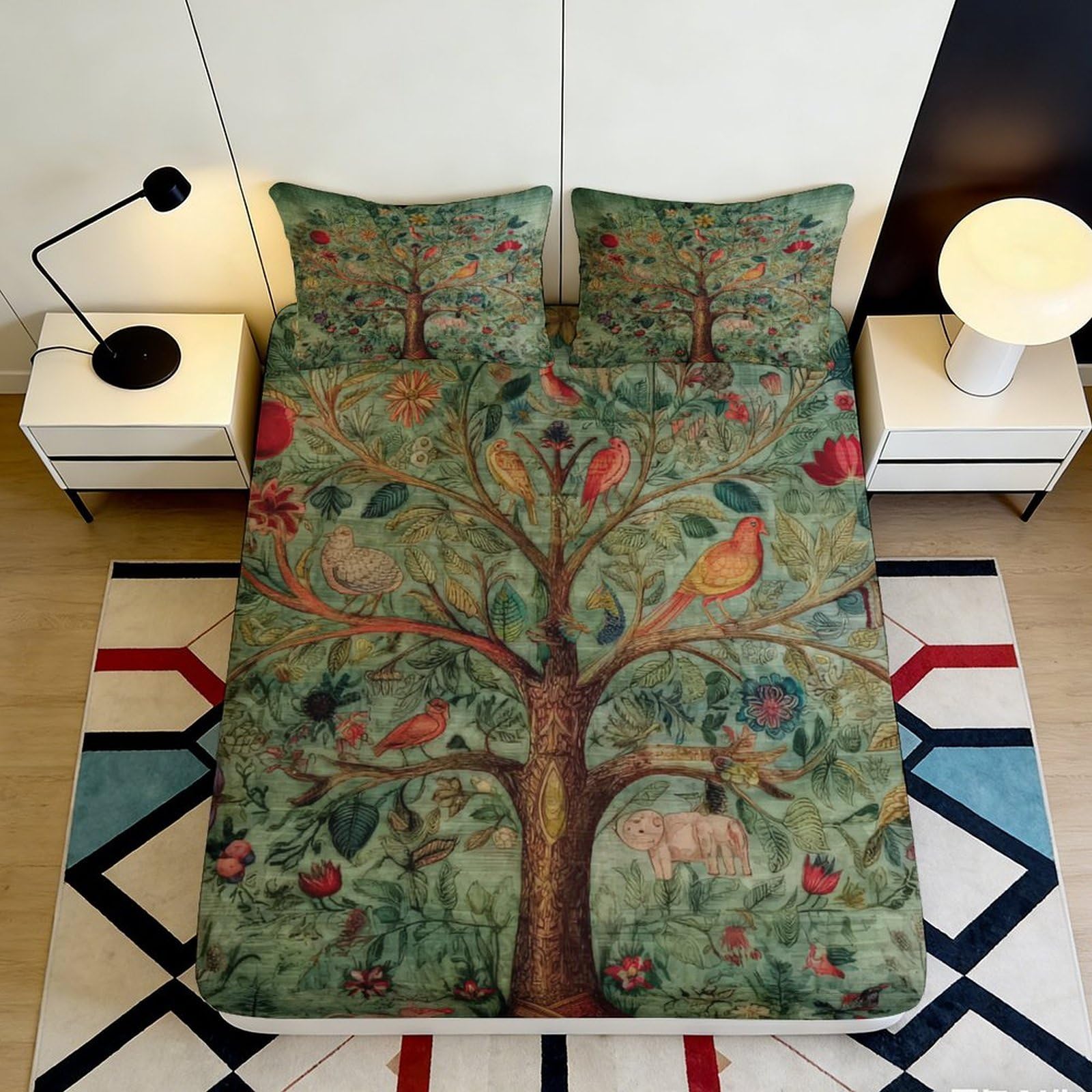 3D Printed Tree of Life Fitted Sheet Microfiber Green Forest Animals Mattress Cover for Bedroom Guest Room Decor 90x200x25cm