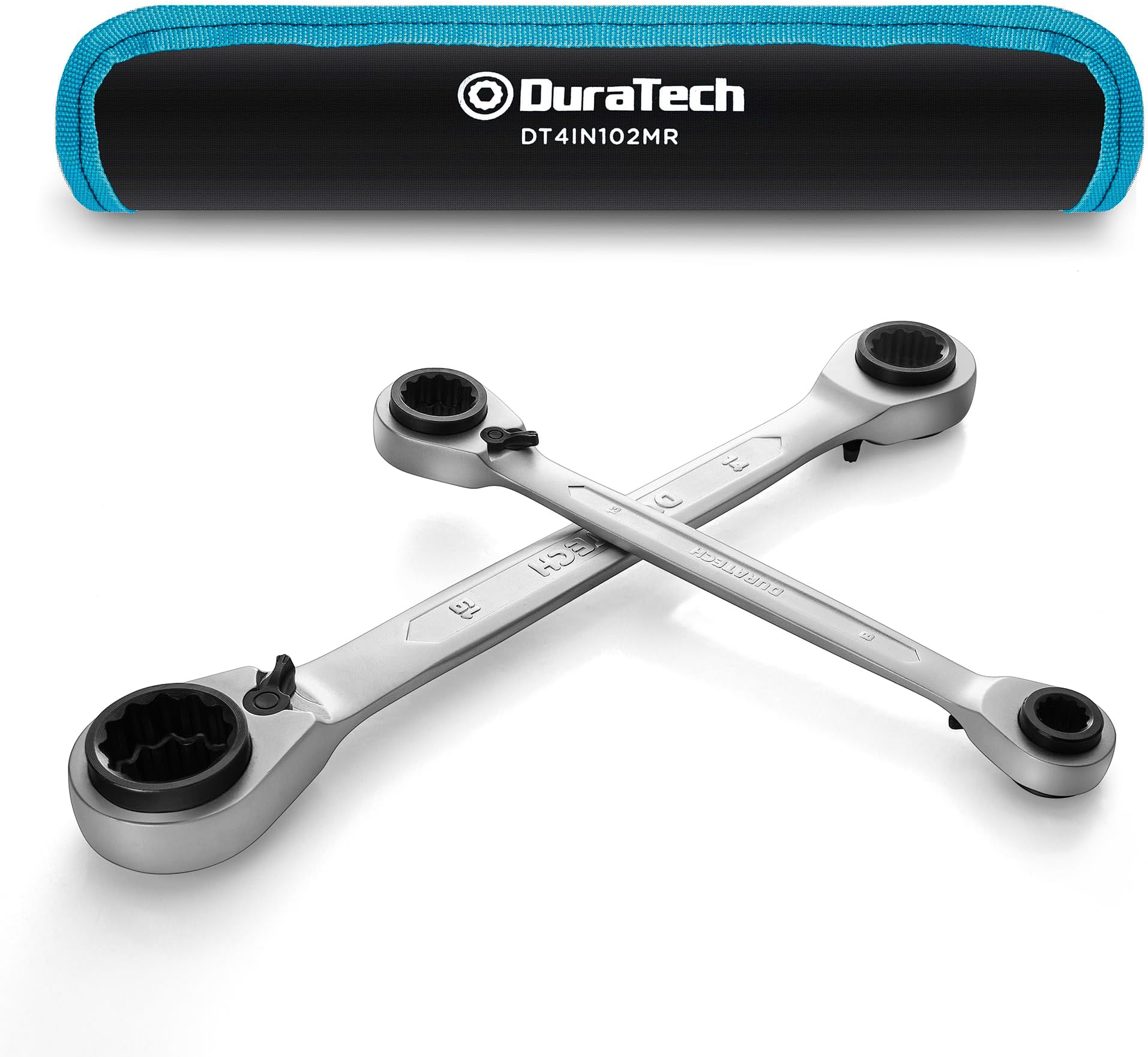DURATECH 2 Piece 4-in-1 Reversible Ratchet Spanner Set 8-19 mm, Metric Double Ring Ratcheting Box Spanners, 72-Tooth, Chrome Vanadium Steel, with Roll-Up Pouch