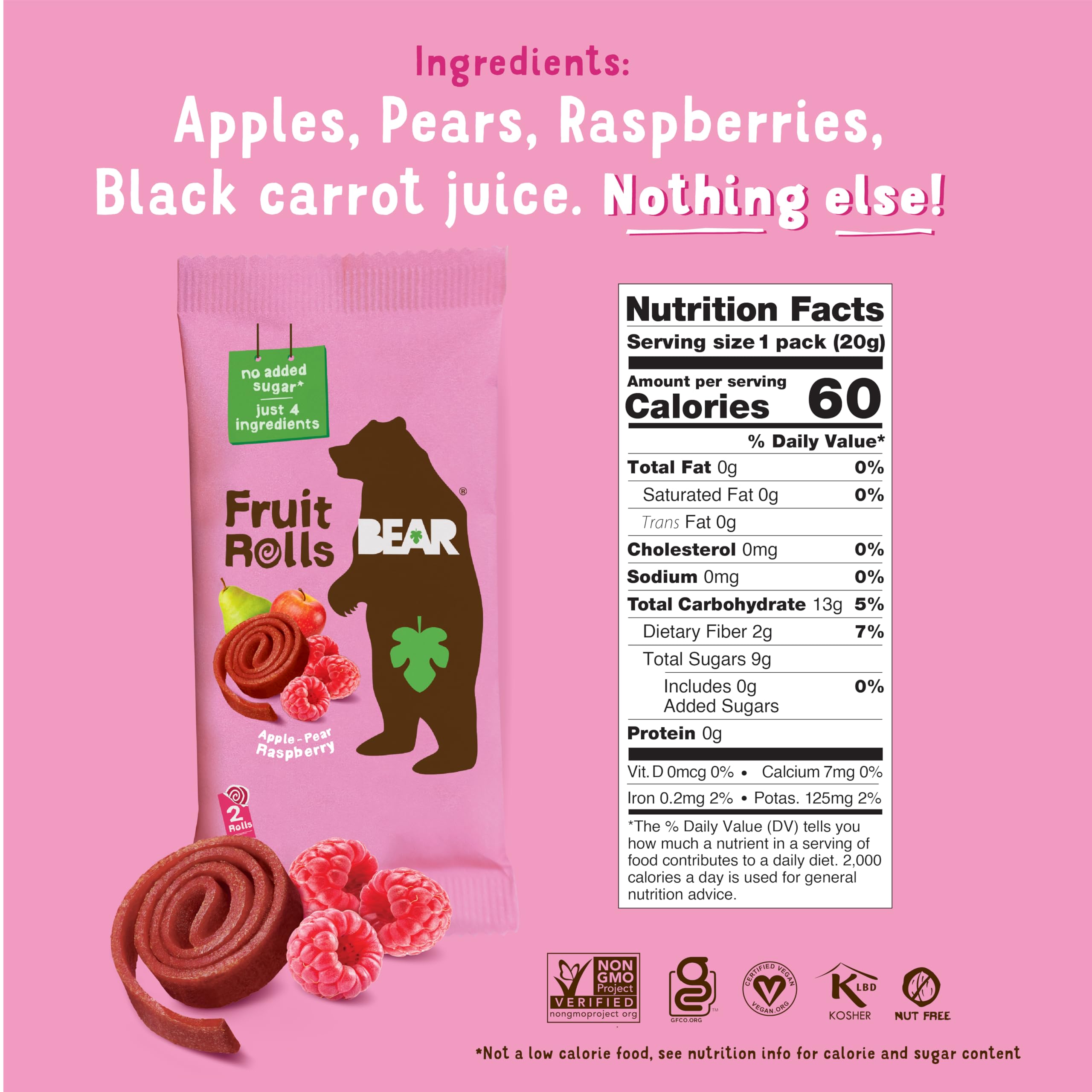 BEAR Rollos de bocadillos de frutas reales, sin gluten, veganos y sin OMG, frambuesa, aperitivos saludables para la escuela y el almuerzo para niños y adultos, 0.75 onzas (paquete de 18)