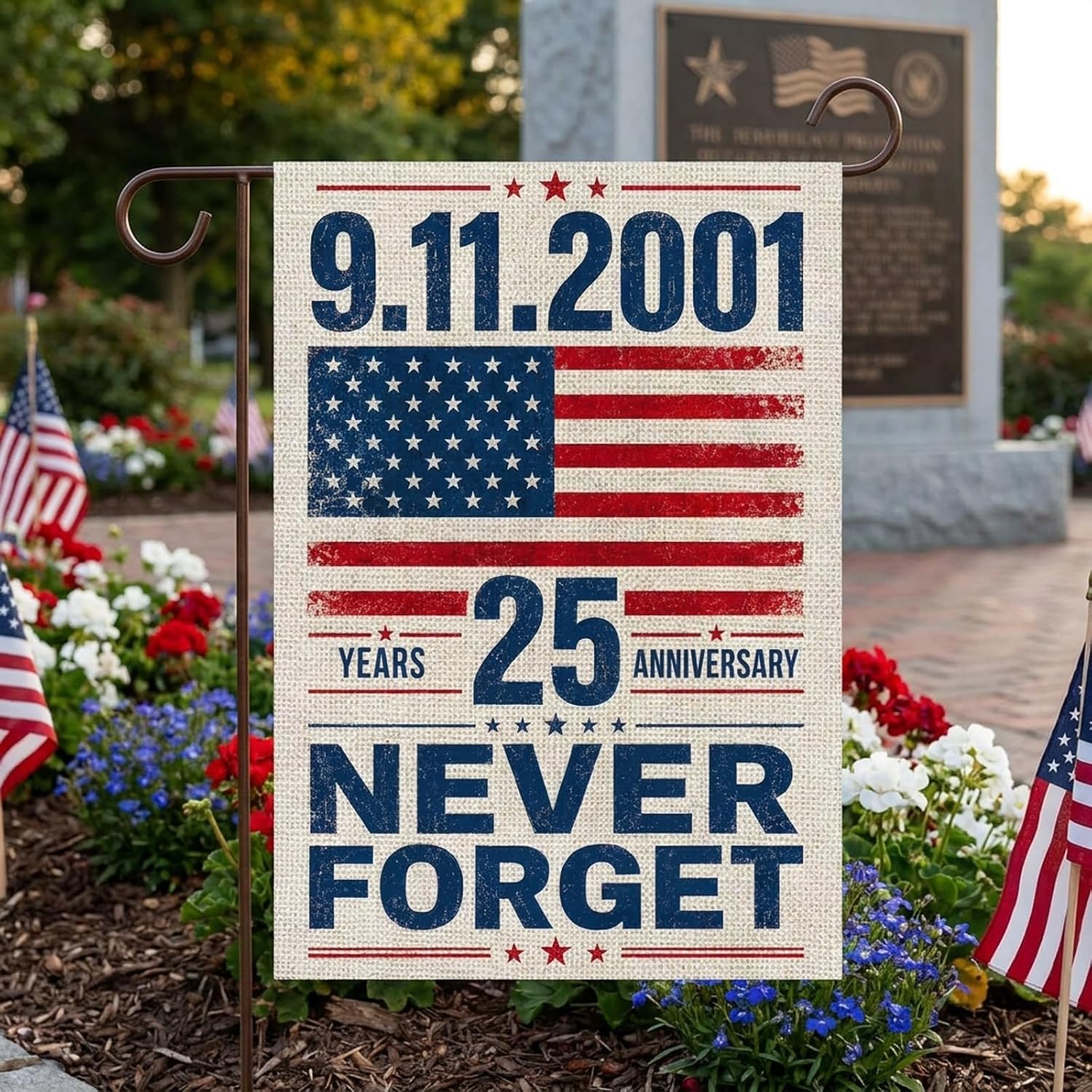 9/11 Garden Flag - Never Forgot In Loving Honor Of The Heroes Flags 25th Anniversary Double Sided Vertical Decorative Burlap Flag September 11th Memory Decorations for Yard Lawn Outdoor 12.5 x18 Inch