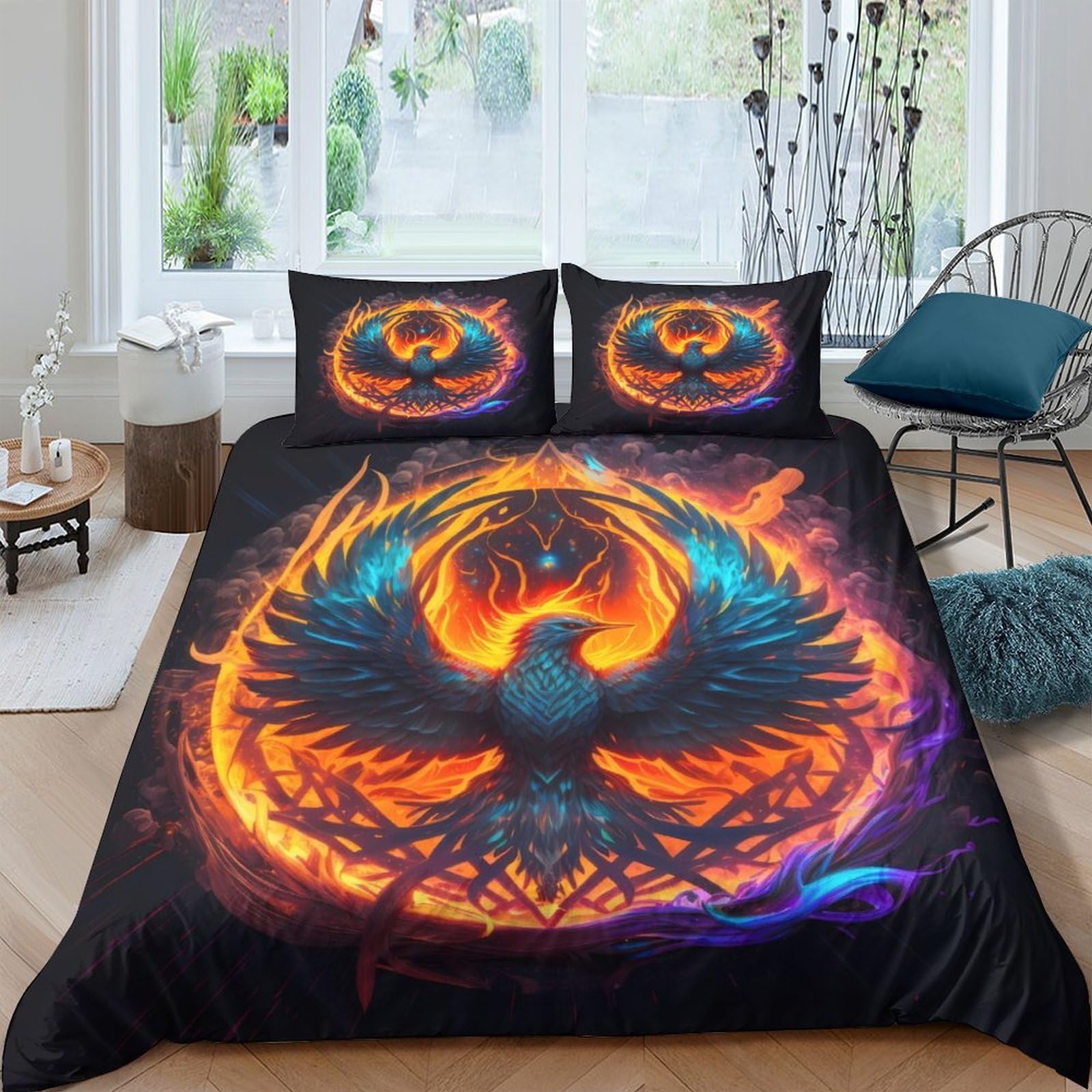 GPLZQXKJNH 3D Printed Fire Phoenix Duvet Cover Microfiber Soft Breathable Flame Bird Bedding Set with 2 Pillowcases for Bedroom Decor Single（135x200cm）