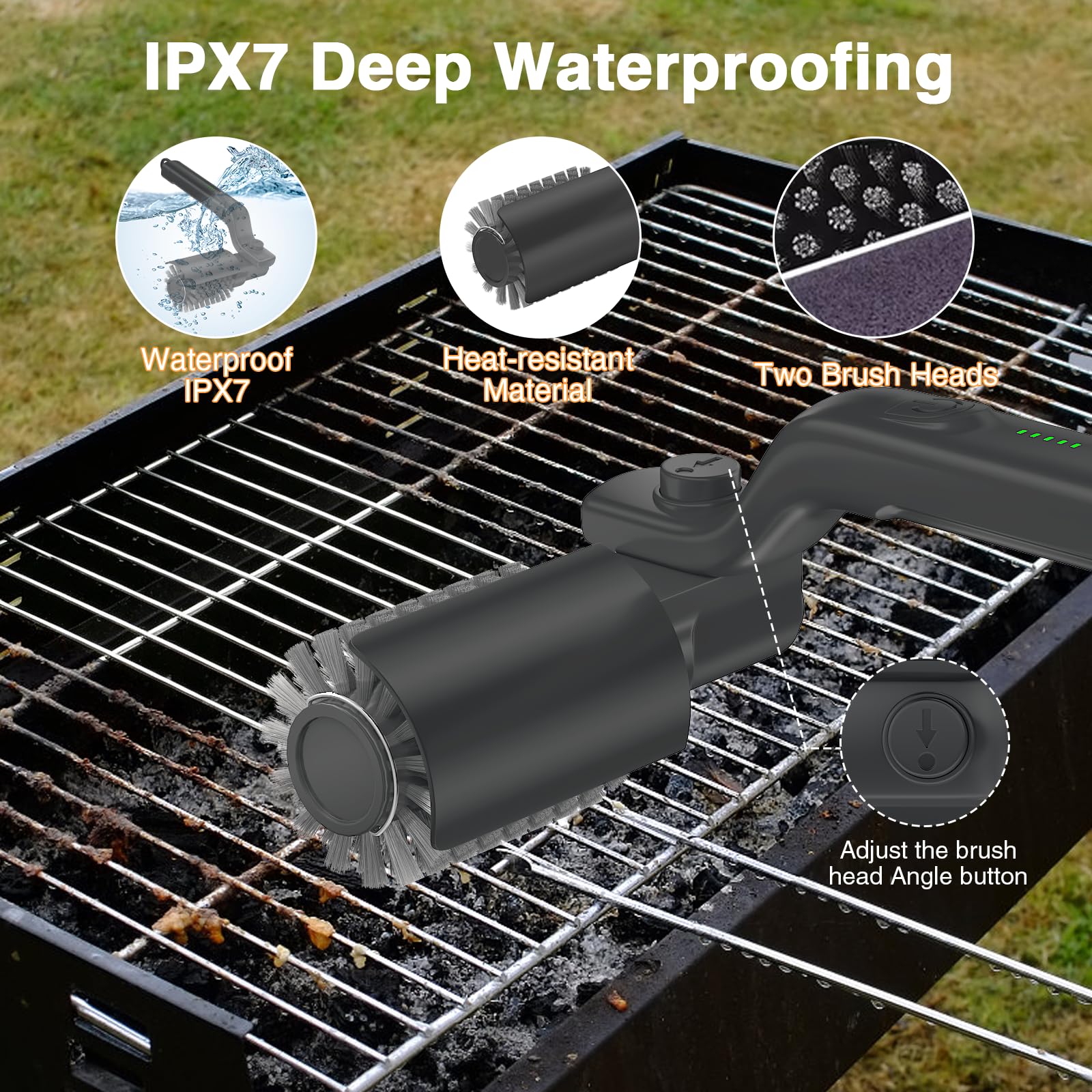 Spazzola elettrica per barbecue, pulitore senza fili per BBQ con testa orientabile a 180°, pulizia a 3 livelli, spazzola per griglia 2-IN-1 con batteria, IPX7 impermeabile, testina in acciaio