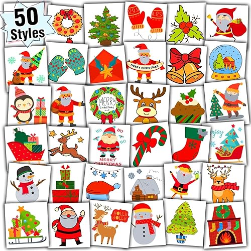 Partywind Suministros de fiesta de Navidad para niños, 50 estilos de tatuajes temporales cortados individualmente para rellenos de calcetines de