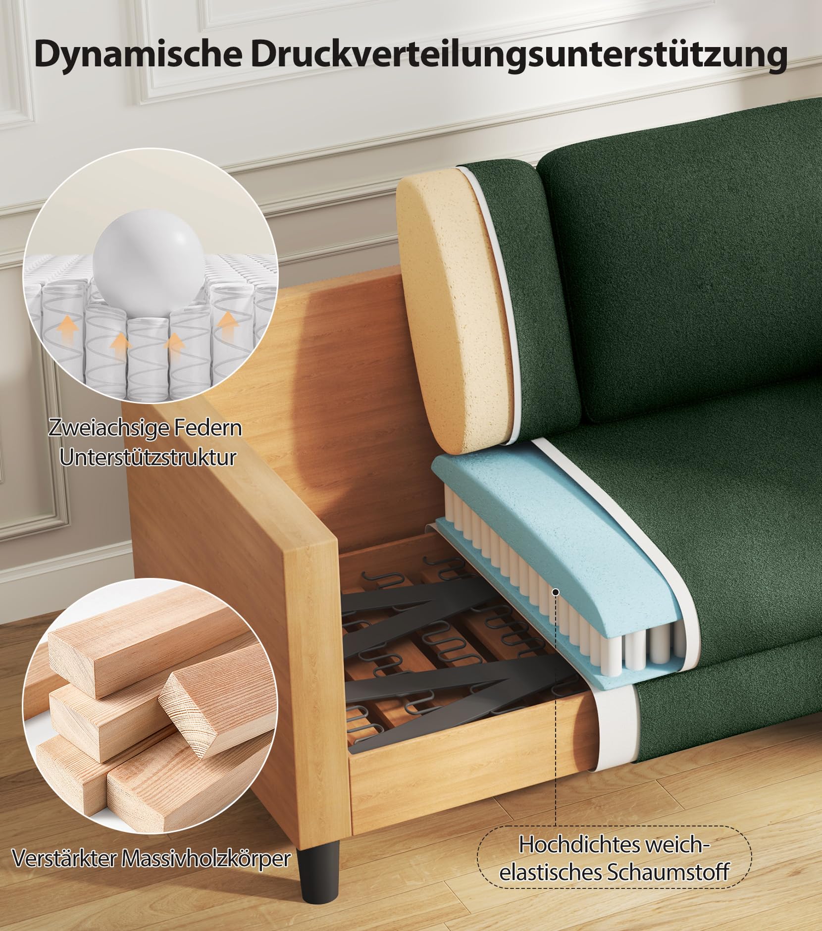 Domusensus 2 Sitzer Sofa, 2 Sitzer Kleinsofa, Ganz aus Holz-Couch, Teddy Fleece Zweisitzer-Kleinsofa, Werkzeugfrei 2er Sofa, 2-Sitzer-Sofa, für Wohnzimmer, Schlafzimmer, Büro, Jugendzimmer, Grün
