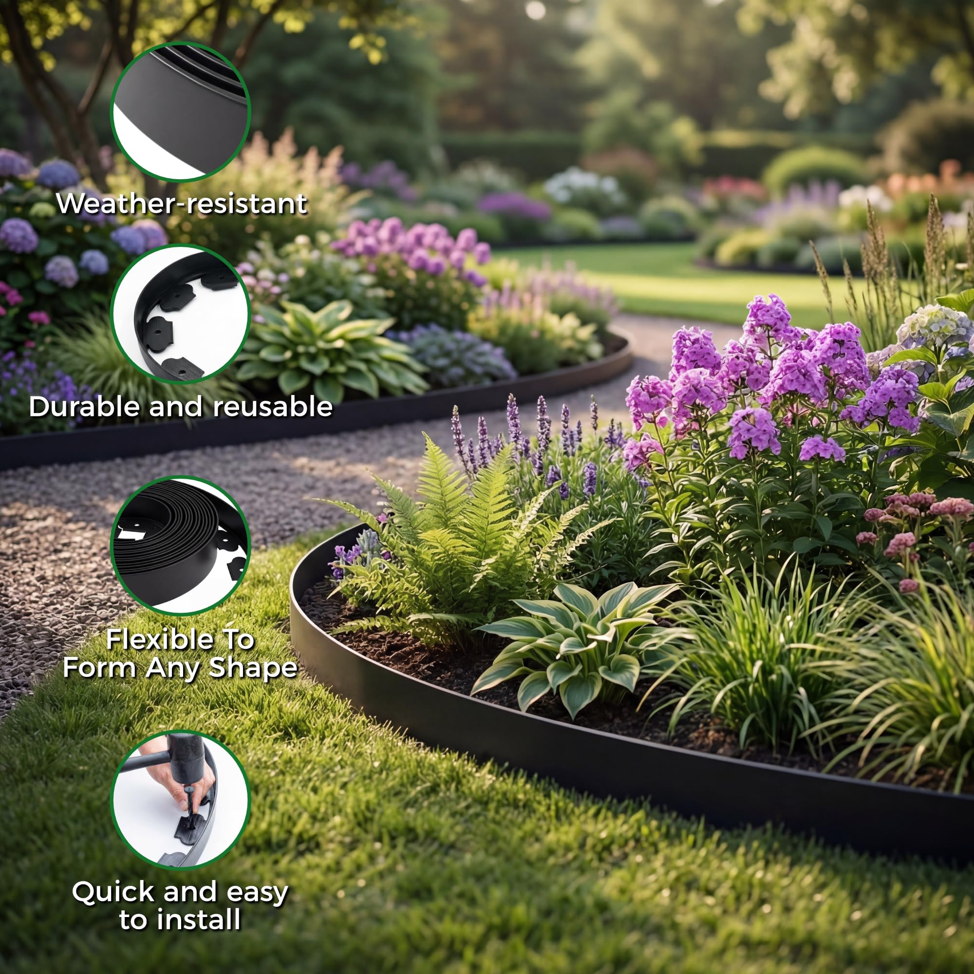 Garden Edging Border, 33FT/10M Black Flexible Plastic Lawn Edging with 30 Reinforced Pegs, 4.6CM High Lawn Edging Border - Easy Dig & Cut Installation for Flowerbeds, Lawns & Pathways — view 4