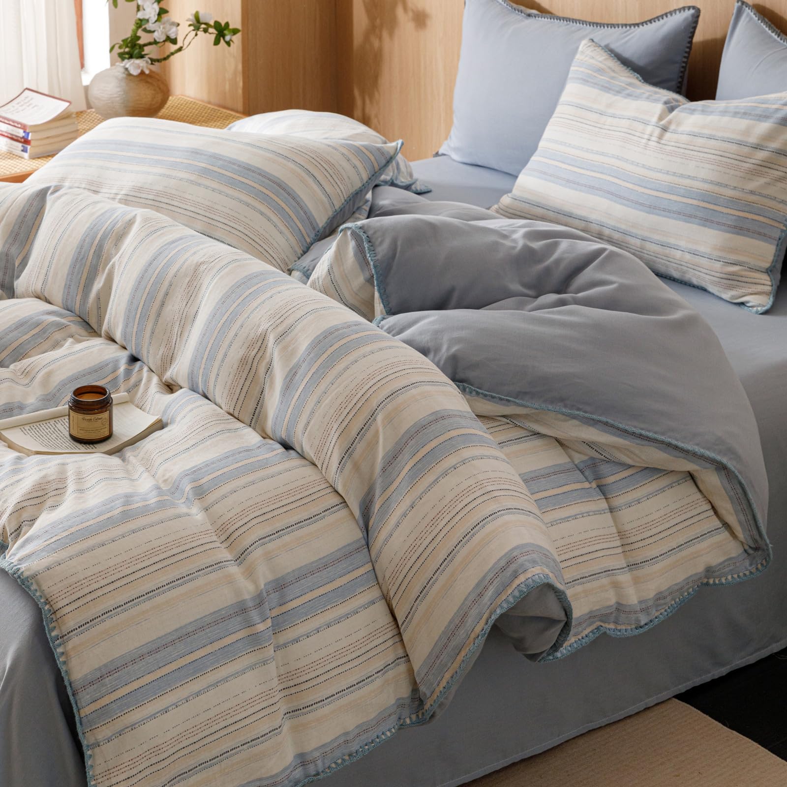 VM VOUGEMARKET Blue White Stripes Duvet Cover King 100% Cotton Muslin Duvet Cover Embroidered Cozy Simple Modern Bedding Set for Men Women