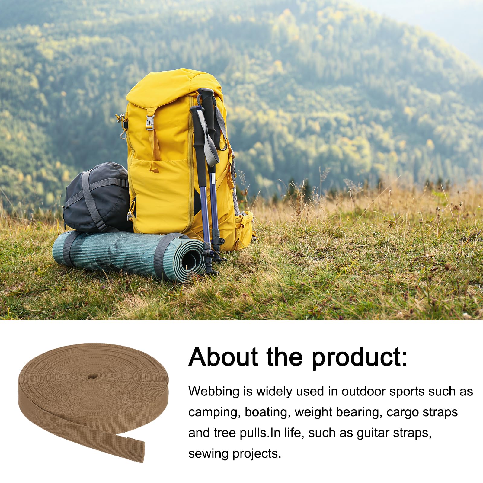 Correa de Cinta de Nylon 25 Yardas x 1 Pulgada (22.9 m x 2.5 cm) Polipropileno Ligera para Mochila Reparación Equipaje Correas de Carga, Café