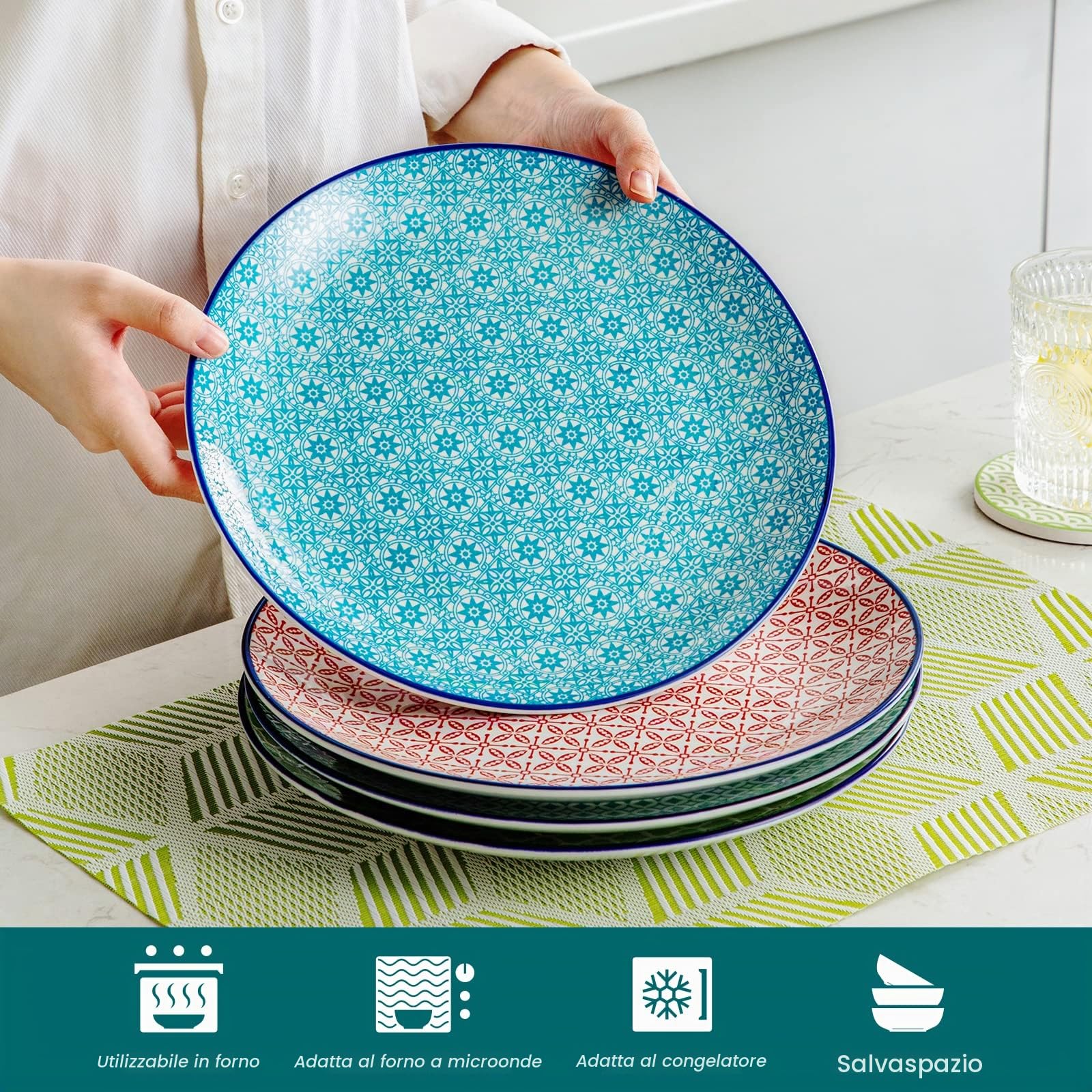 vancasso Serie MACARON Set di 4 Piatti Piani, 26.5cm Piatti Piani di Stile giapponese in Ceramica, Piatti da Tavola per Cucina, Piatti da Pasta Spaghetti, Forno a Microonde e Lavabile in Lavastoviglie