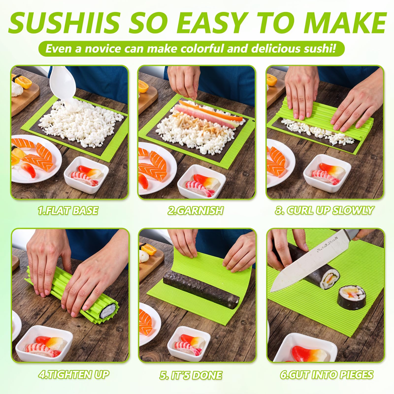 Kit de fabricación de sushi, tapete rodante de sushi de silicona prémium para bricolaje casero, principiantes, tapete antiadherente reutilizable para niños, cocina de 8.6 x 7.8 pulgadas (verde) 3