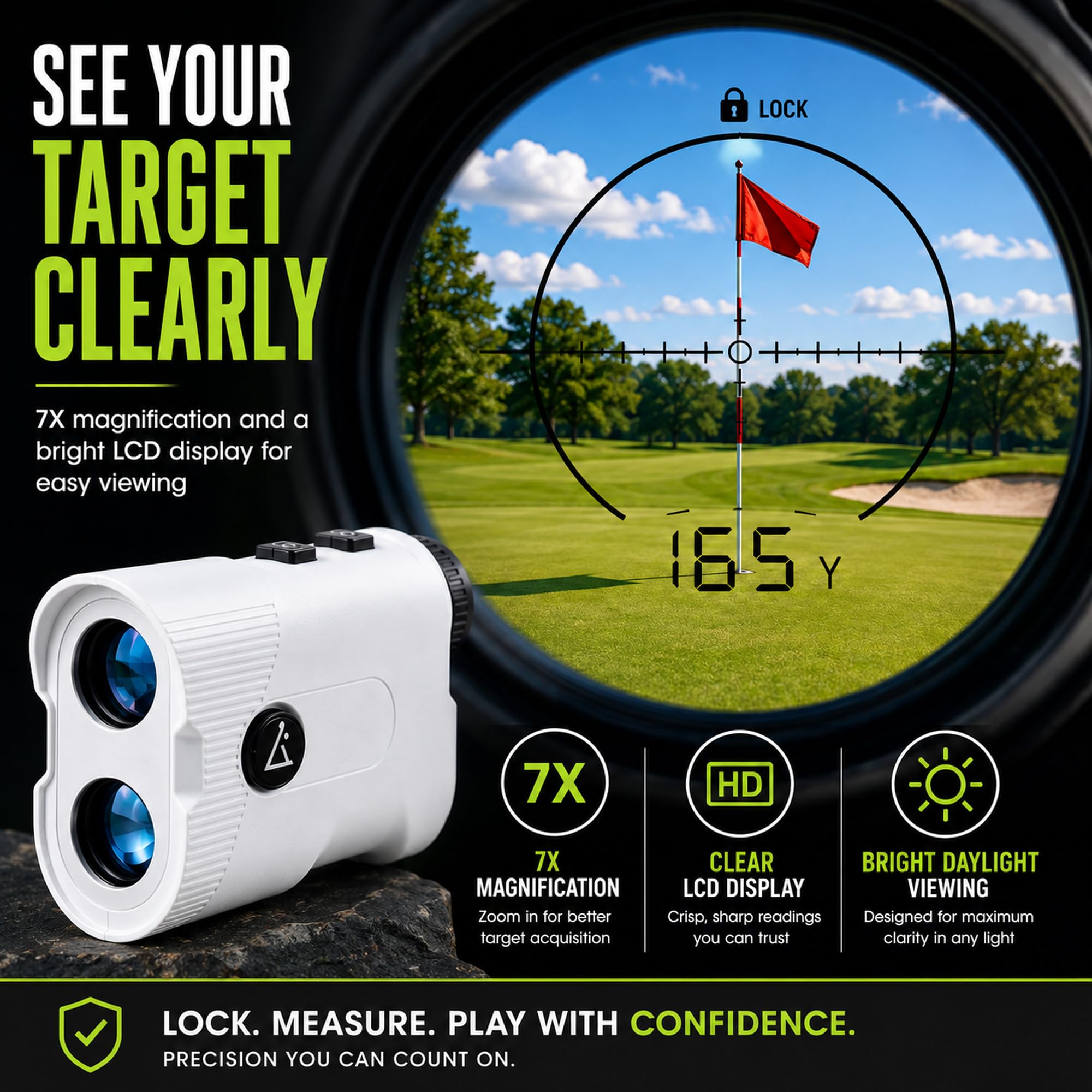 Lunai Télémètre de golf avec pente | Télémètre laser de classe 1 | Batterie rechargeable 600 mAh avec Type-C | Localisateur de mètres léger pour la pratique du golf et les tournois