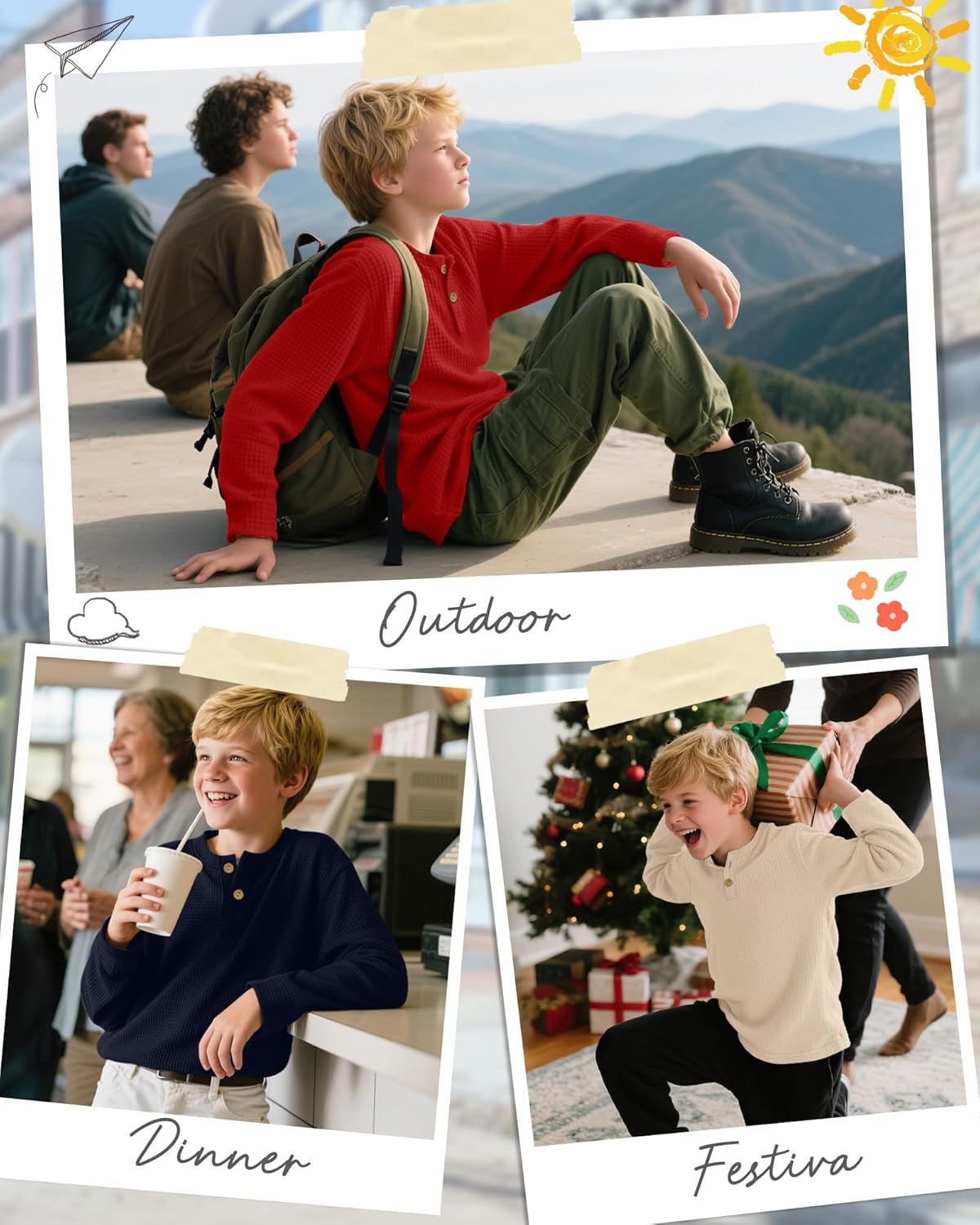 3 Pack Boy's Henley Long Sleeve Shirts Waffle Thermal Tops 5-14 Years Cotton Blend Knit Sweatshirt for School - Image 2