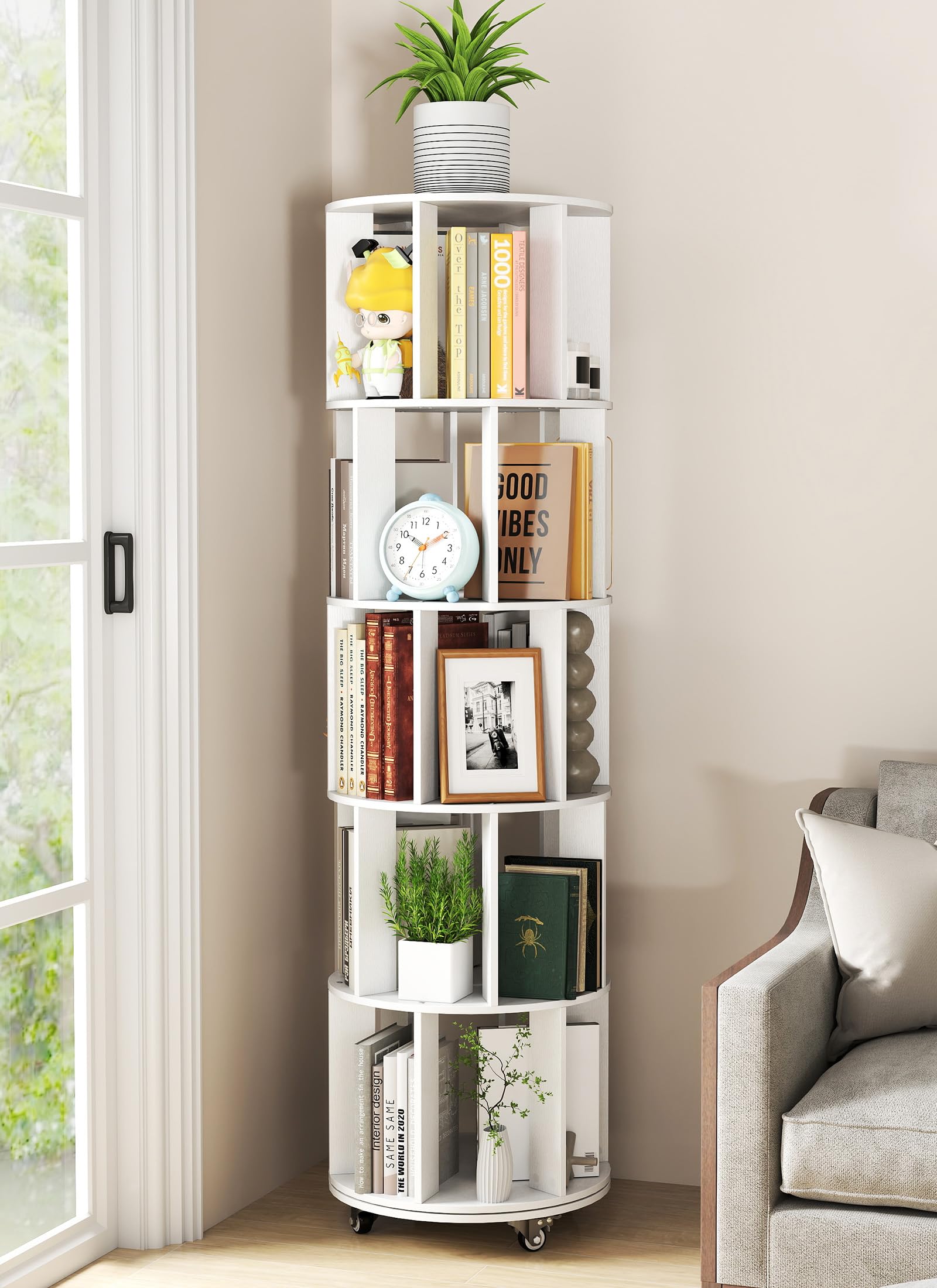 Suuiwau 5 Tier Rotating Bookshelf, 360° Revolving Bookcase with Wheels