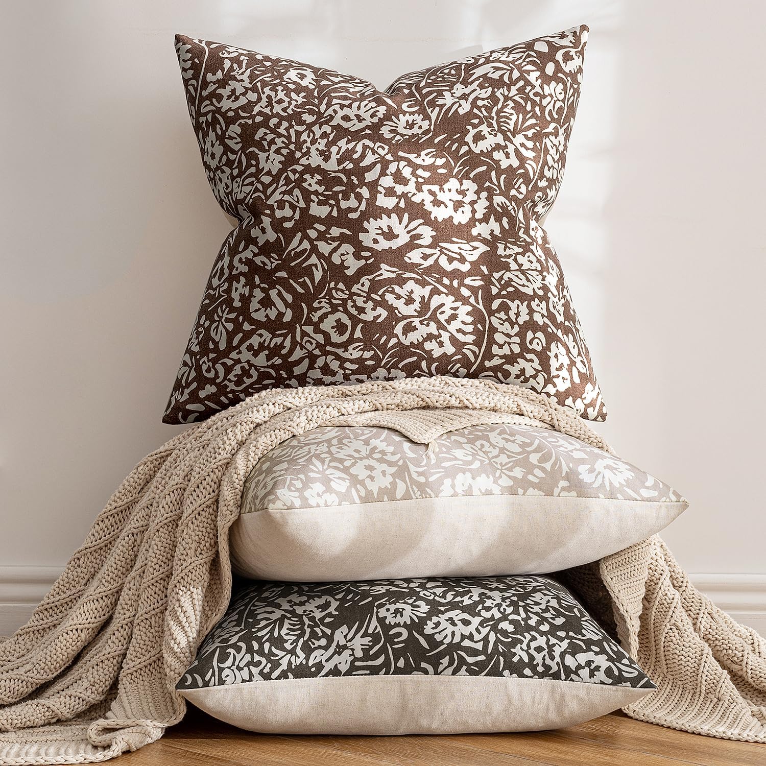 MIULEE Floral Pillow Covers 20x20 Set of 2, Neutral Linen Decorative Throw Pillow Covers for Sofa Couch Outdoor Living Room, Farmhouse Cushion Covers, Brown - Image 2