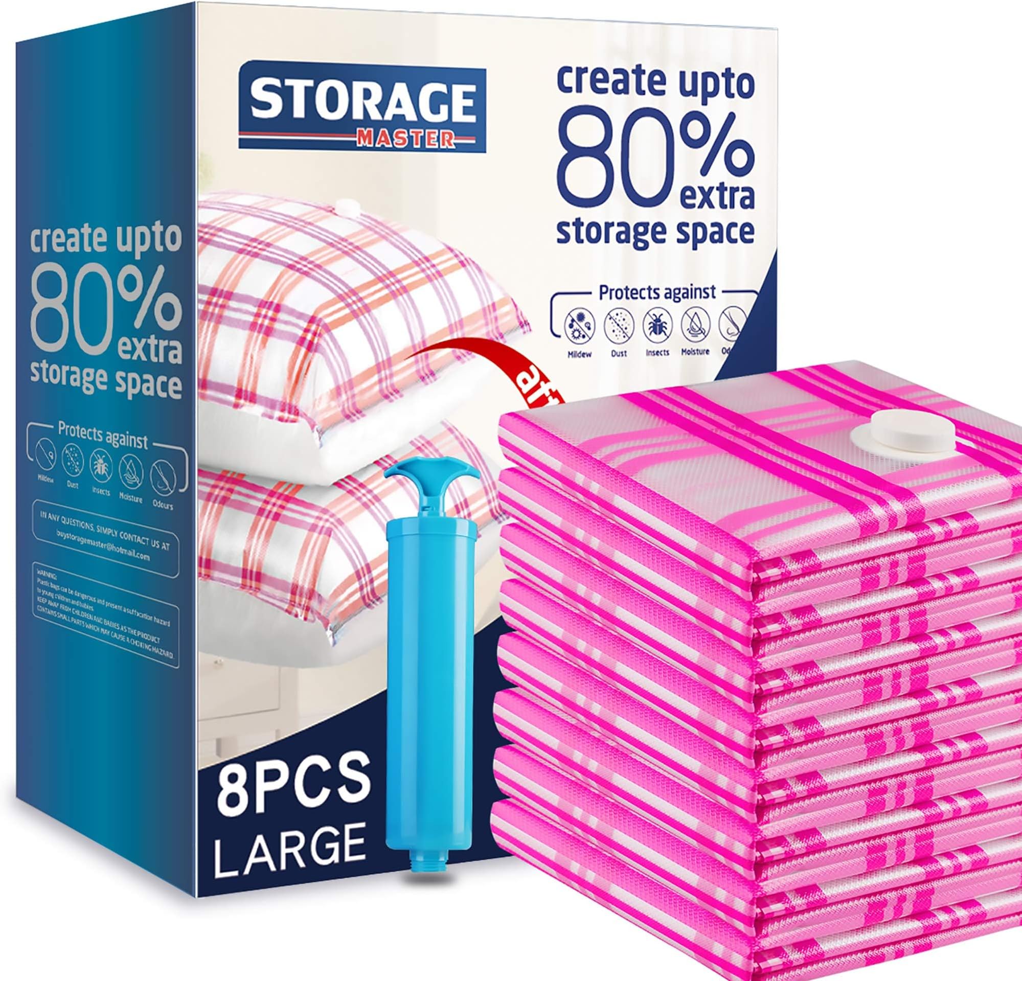 Storage Master Space Saver Bags for Travel and Home Reusable Vacuum Storage Bags Save 80% More Storage Space Work with Vacuum Cleaner + Travel Hand Pump (8 Large)