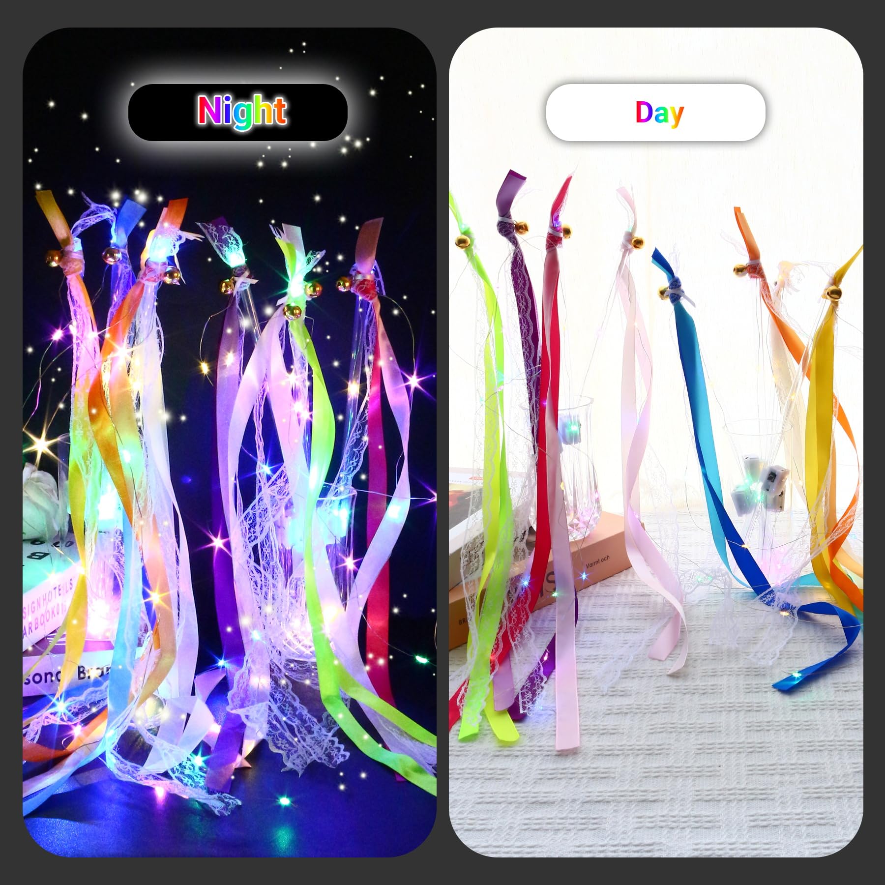 60 varitas iluminadas, cintas de boda con 3 modos intermitentes, varitas de hadas de seda LED con campanas para recuerdos de boda, Pascua, 4 de julio, decoración de cumpleaños (colorido)