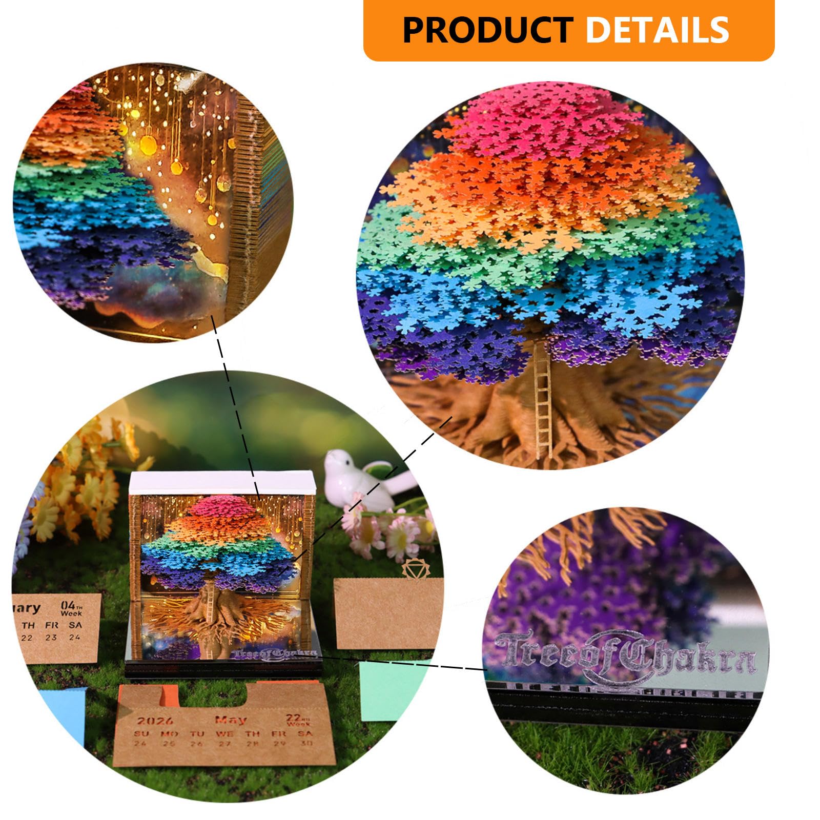 3D-Kalender 2026, 3D-Zeitmess-Kalender, 3D-Baum des Chakra-Baums, abreißbare Papierskulptur mit Licht, kreativer Wochenplaner, Schnitzerei, Kunst, Schreibtischkalender, Geschenk