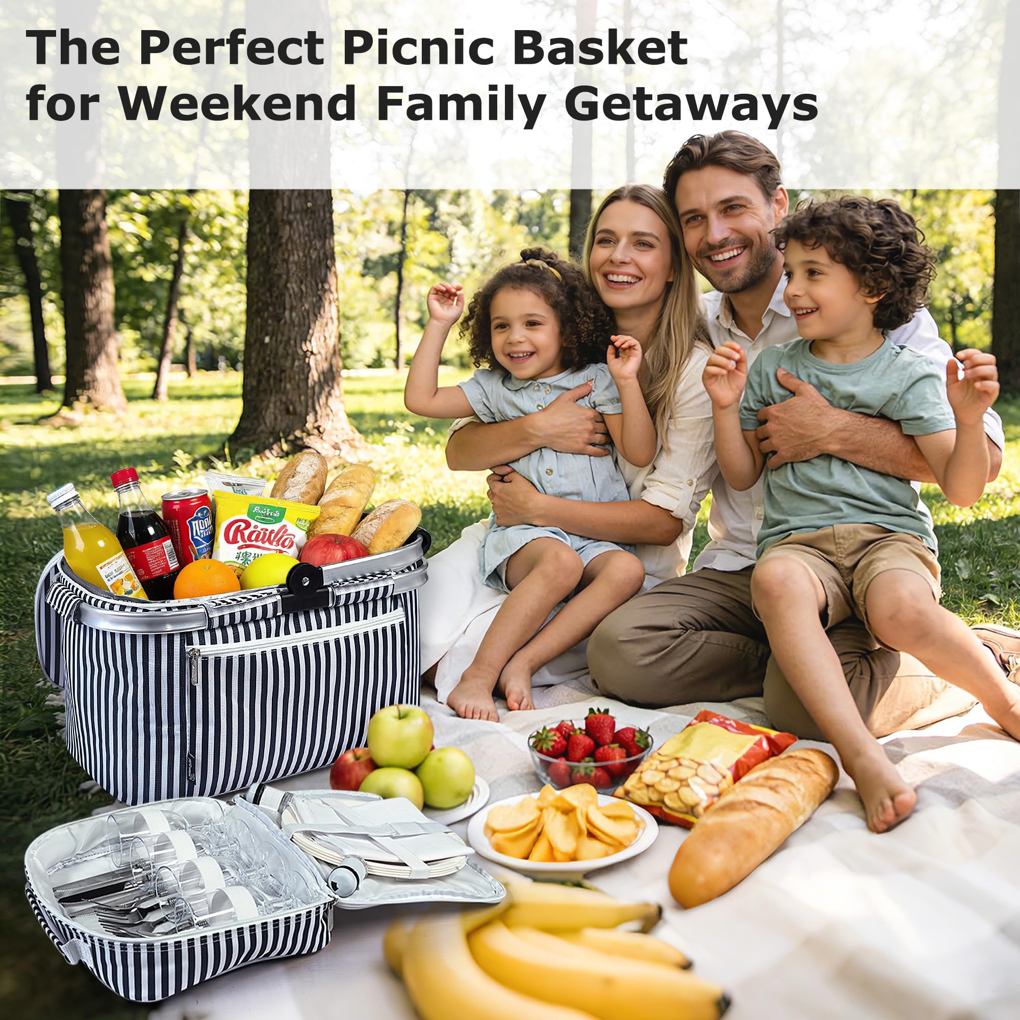 Kato Tirrinia 34 L Einkaufskorb faltbar kühltasche mit Deckel, picknickkorb 2 personen mit Bestecktasche, Aluminiumrahmen picnic basket, 42.67×24.6×25.4cm, für Einkäufe, Reisen und Picknick (Streifen)