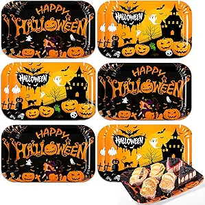 Maitys 12 Pcs Halloween Serving Trays 13 x 9 Inch Large Food Trays Black Orange Pumpkin Bat Ghost Dessert Cupcake Platters for Halloween Movie Night Birthday Party Supplies Table Decorations