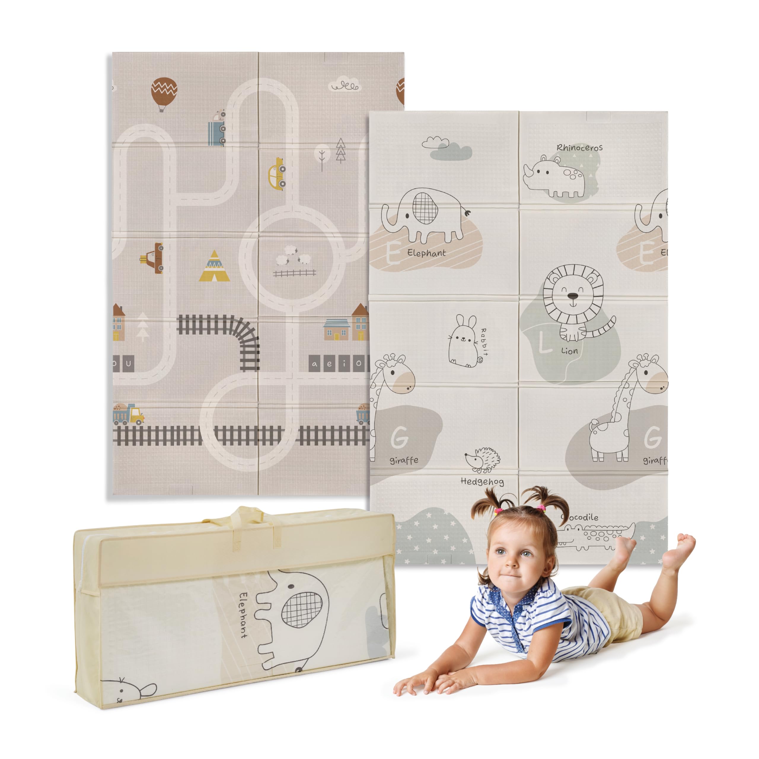 ms babyworld trendy - tappeto gioco per bambini - disponibile in 3 dimensioni a scelta - double-face, tappeto molto imbottito (1 cm) - con borsa per il trasporto. (Rhino/Coche, 180 * 120)