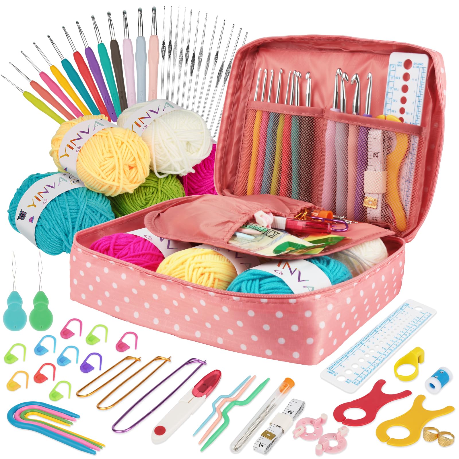 YINVA Häkelset für Anfänger 111 Stück Häkelnadel Set 0.6mm-8mm Ergonomische Häkelnadeln Crochet Set Stricken für Anfänger Set Häkelgarn Tragbaren Tasche Strickzubehör(Rosa)