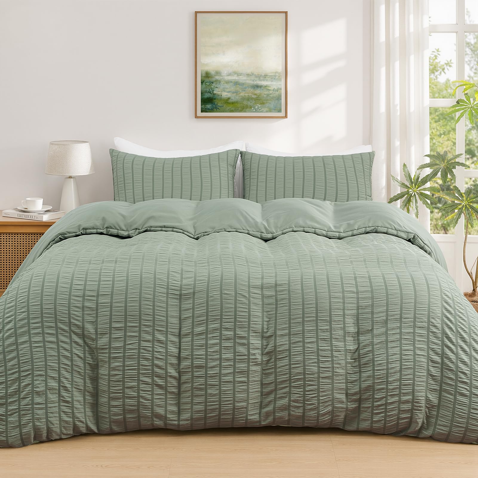 Duvetnova Sage Green King Size Duvet Cover Sets Seersucker OEKO-TEX Soft Breathable Microfiber Bedding Set with Zipper Closure All Season 230x220cm with 2 Pillow Cases