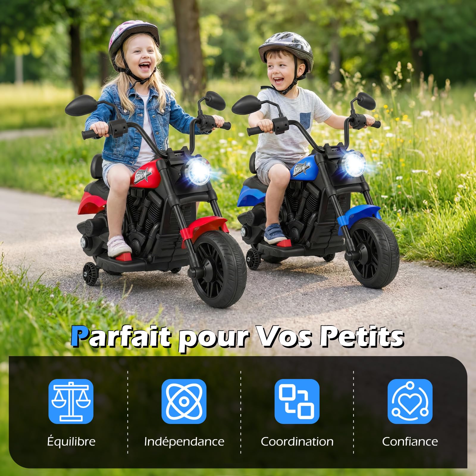 COSTWAY 6V Moto Électrique Enfant avec Musique et Phares LED, Voiture Électrique Enfant avec 2 Roues d'Entraînement Amovibles et Pédale, 2,4 km/h, Charge 30 kg pour 3 Ans+ (Bleu Marine)
