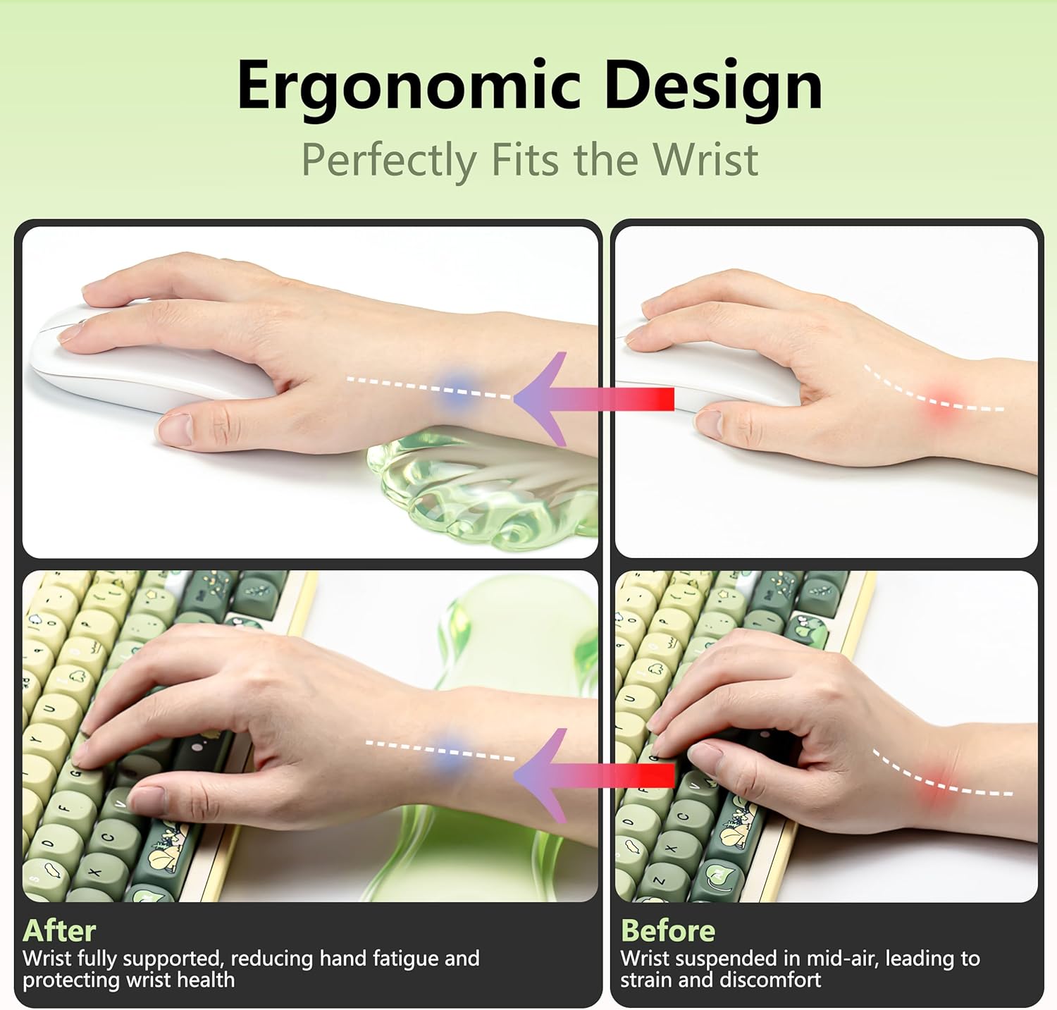 Gel Wrist Rest for Keyboard and Mouse - Green Soft Ergonomic Silicone Wrist Rest, Clear Cute Desk Accessories for Gaming, Computer, Laptop
