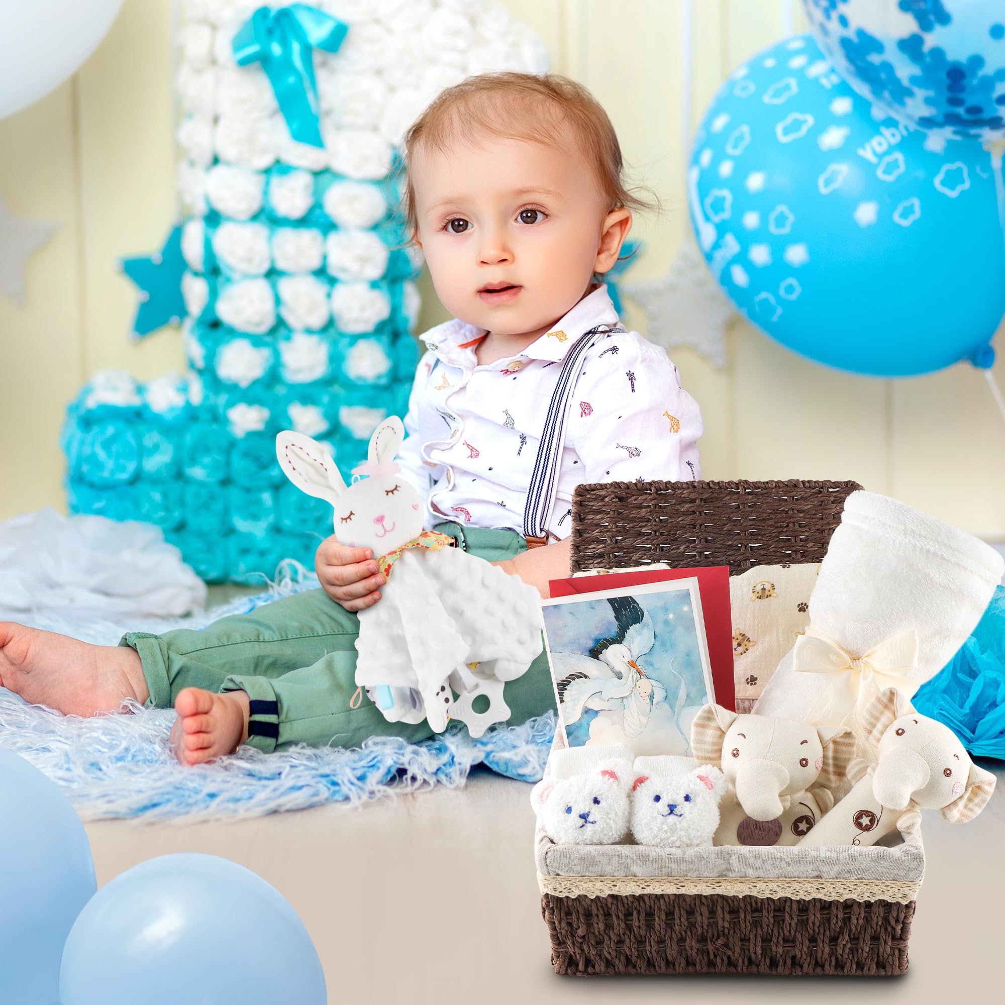 Set Regalo Nascita Neonato Unisex Cofanetto Regalo Nascita Bebè | con Coperta 70x100 cm Doudou Sonaglio Bavaglino Calzini Cesto Idea Regalo Nascita Maschio Femmina (Generale - Bianco sporco)