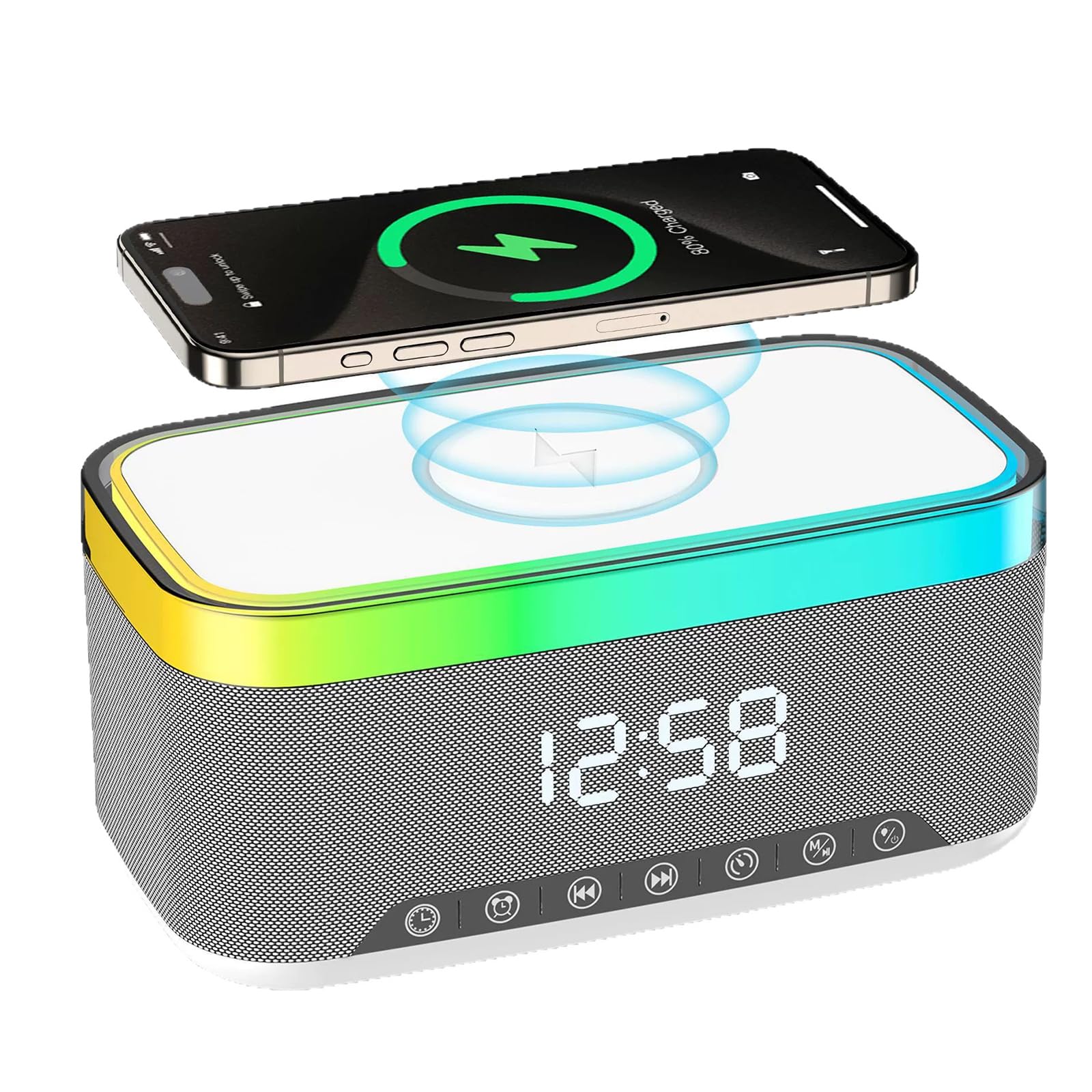 PORFOYO Reloj despertador digital, reloj despertador con estación de carga, reloj despertador de radio, reloj de radio, digital con altavoz Bluetooth, 6 colores, luz nocturna, 15 W, cargador