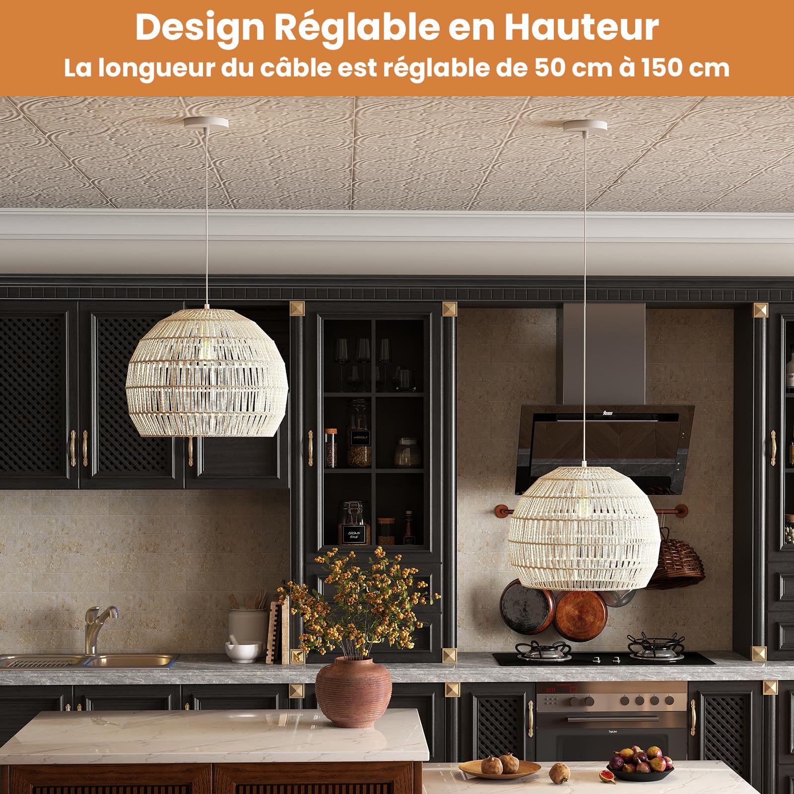 GOPLUS Suspension Luminaire Sphérique 34 x 43 CM, Lustre Salon avec Abat-jour en Papier Huilé, Hauteur Réglable 30-150 CM, Facile à Installer, Idéal pour Salle à Manger, Salon, Chambre (Beige)