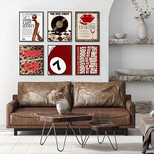 Miniatura 5 de PAINURA Juego de 6 cuadros de pared de leopardo de moda de leopardo rojo, decoración de pared retro de la suerte, pósteres de periódico Y2K,