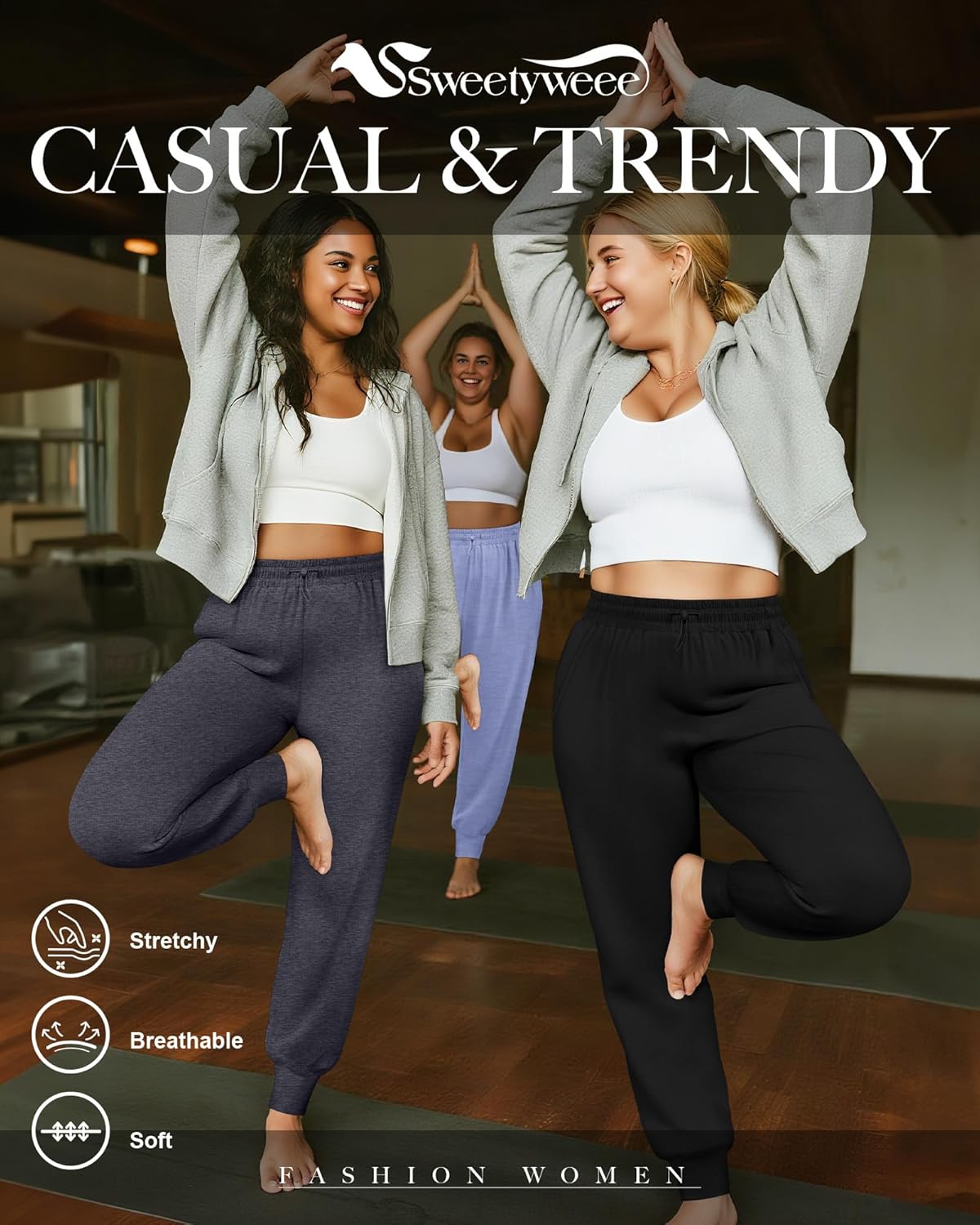 3 Pack Women Plus Size Yoga Joggers Lounge Sweatpants Lightweight Casual Jogger Running Workout Pant with Pockets - Image 5