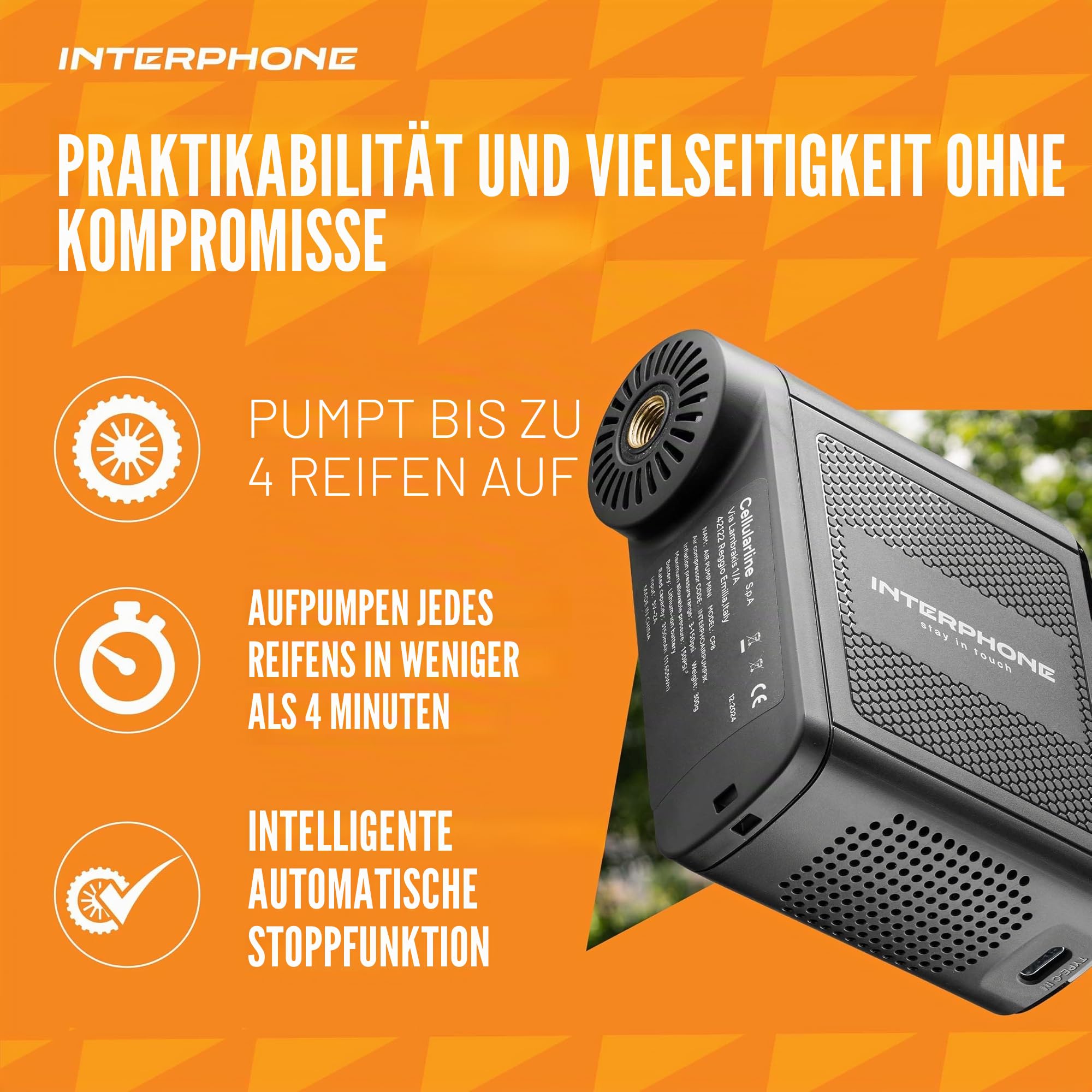 Interphone Mini tragbare Fahrrad Luftpumpe – wiederaufladbare Pumpe für Rennrad-, Auto- und Motorradreifen – Motorrad Luftpumpe für unterwegs mit 6 Monaten Standby-Zeit