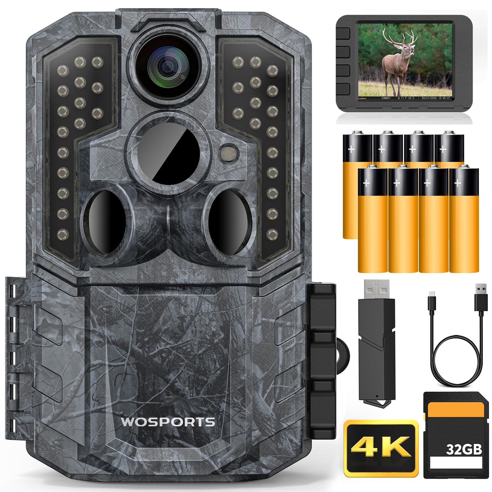 WOSPORTS Trail Camera – AI Auto-Sorts Photos & Videos by Animal Type,48MP Photo & 4K Video with Sound,Game Camera with SD Card,Night Vision,Motion Activated,2.0'' LCD,IP66 Waterproof