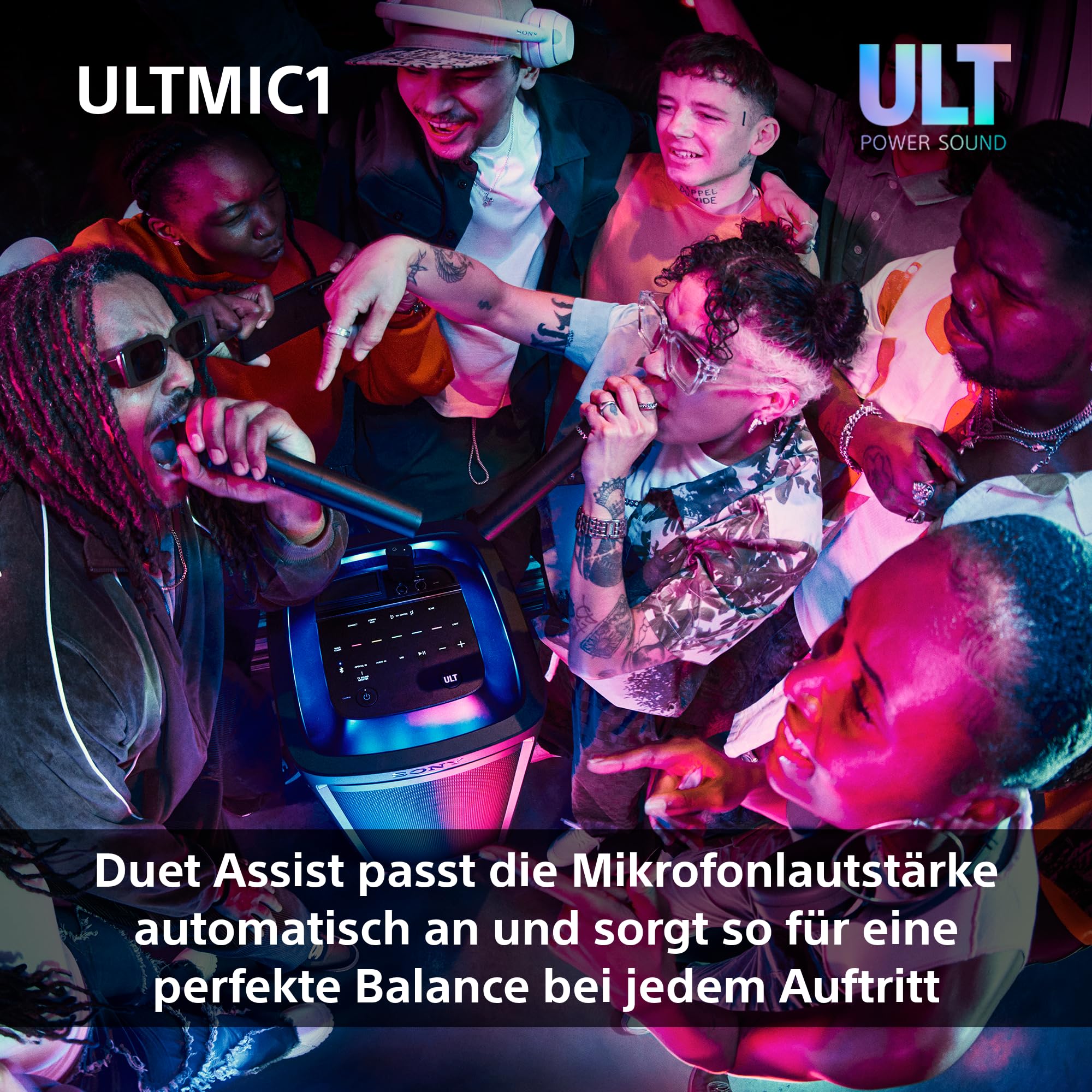Sony ULTMIC1 - Kabelloses Mikrofonset mit 2 Mikrofonen und Empfänger, erweiterte Rauschunterdrückung, Duettunterstützung, 20-Stunden-Akku, stoßfest, perfekt für die ULT Power Sound Serie - Schwarz