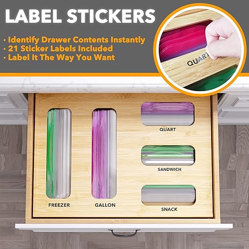 Miniatura 36 de SpaceAid Organizador de bolsas para cajón de cocina, bambú, apto galón, cuarto de galón, sándwiches y aperitivos, para bolsas de distintos tamaños