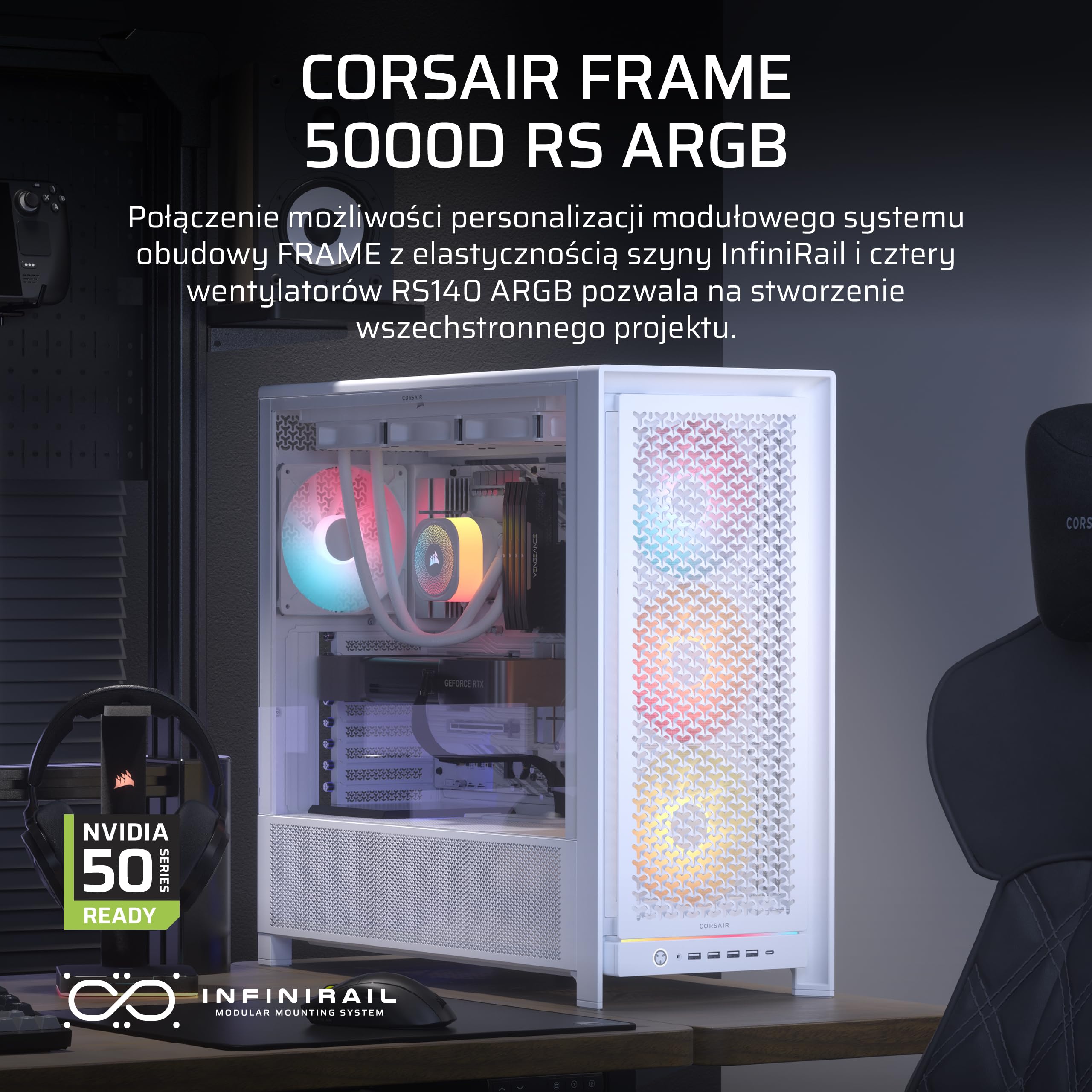 CORSAIR FRAME 5000D RS ARGBModular High Airflow Mid-Tower Obudowa Komputera — 4x Fabrycznie Zainstalowane Wentylatory RS ARGB, System Mocowania Wentylatorów InfiniRail™ — Biały