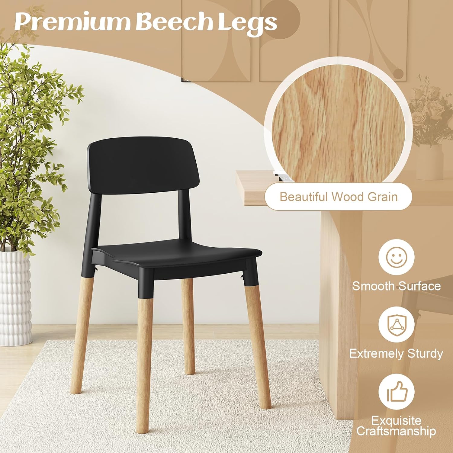 Giantex Modern Dining Chairs Set of 4, Plastic Dining Side Chair Set w/Sturdy Wooden Legs, Ergonomic Backrest & Wide Seat, Armless Kitchen Chairs for Dining Room Living Room Restaurant Cafe (Black)