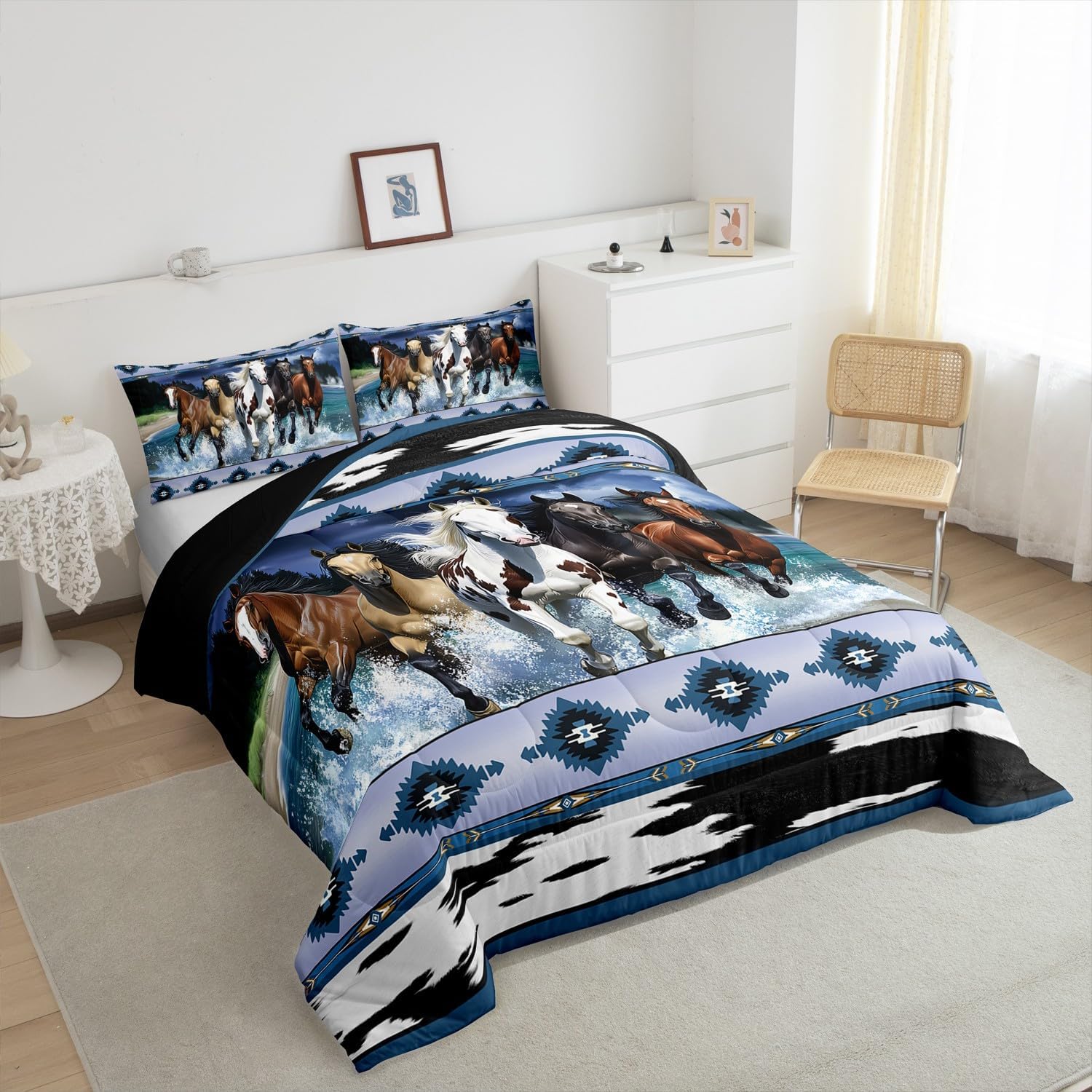 Feelyou Horse Bedding Set Queen Size Kids Galloping Horse Comforter Set Western Cowboy Southwestern Geometric Comforter for Room Decor Cute Animal Decor Duvet Set with 2 Pillow Case