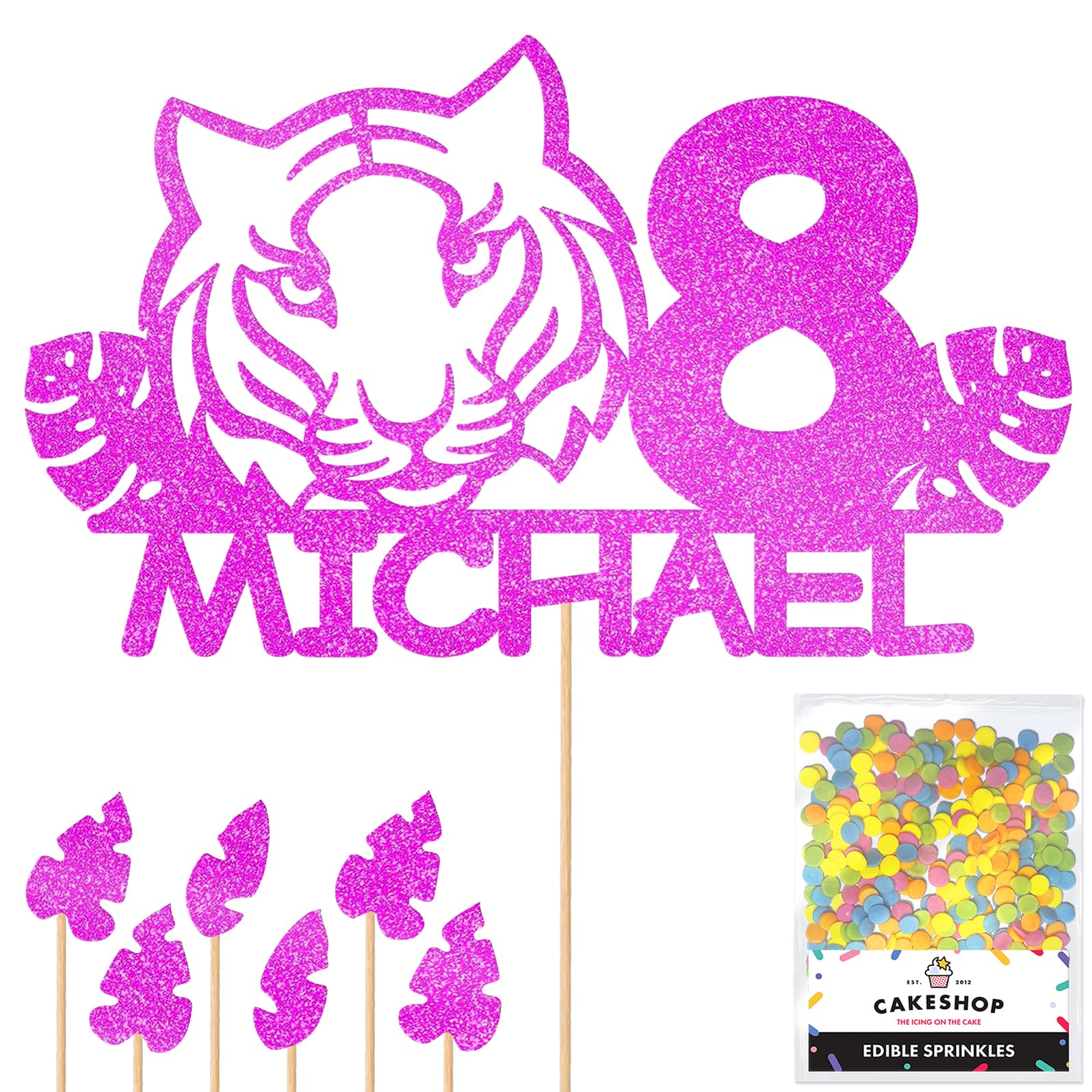 Personalised Birthday Jungle Tiger Glitter Cake Topper- Pink Any Custom Age & Name Glitter Cake Decoration and Sprinkles - Happy Birthday Decorations - Personalised Toppers for Cakes by Cakeshop