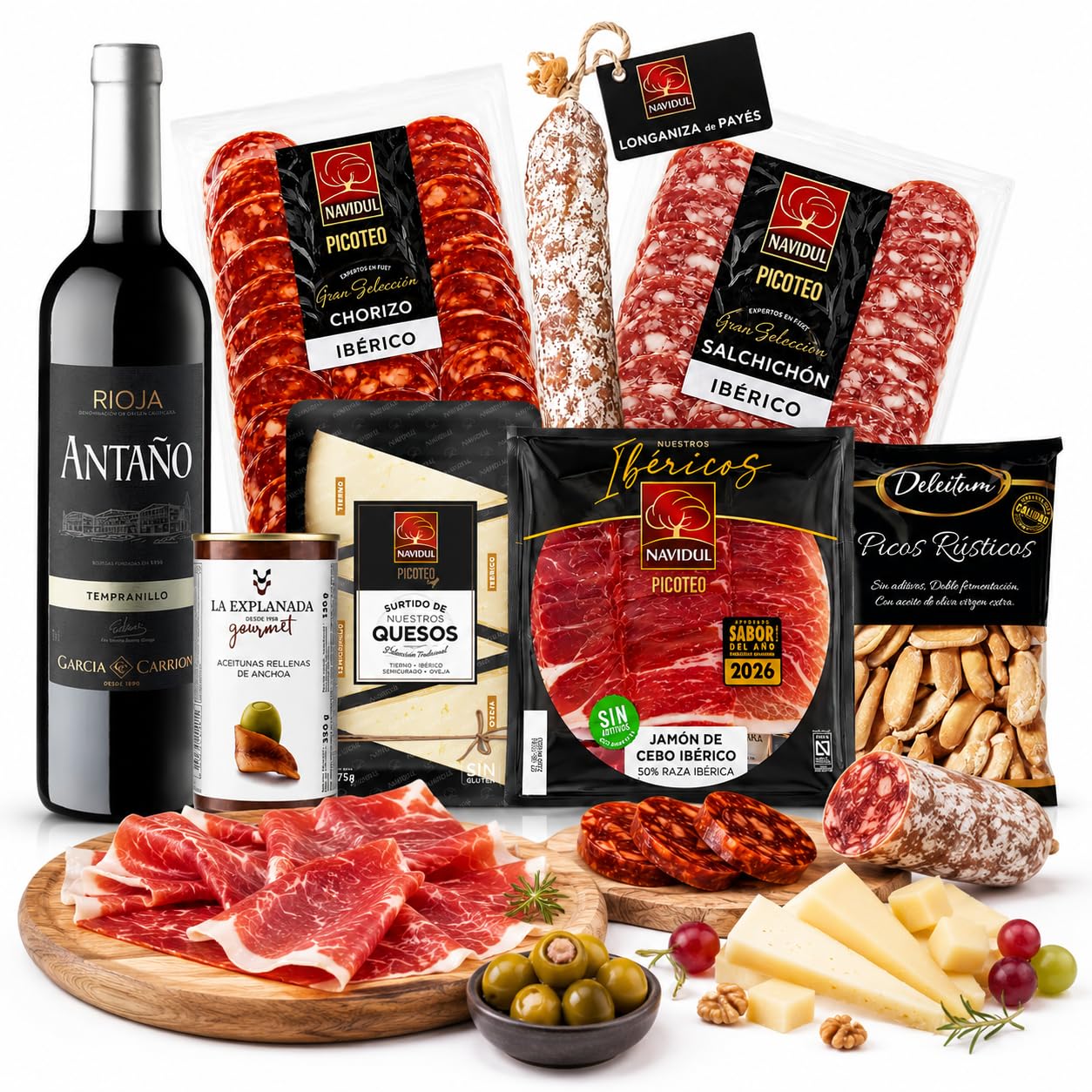Familycom Cesta Gourmet con Ibéricos Navidul - Surtido Jamón Ibérico, Quesos, Embutidos, Aceitunas, Vino tinto