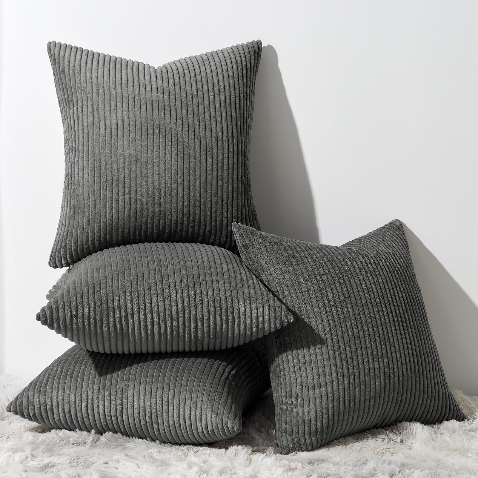 Topfinel Cushion Covers 50x50cm, Dark Grey Cushion covers for Sofa Bed, Soft Pillow Case 20x20 Corduroy Scatter Decorative Cushions Pillow Cover for Livingroom Bedroom Invisible Zipper,Set of 4