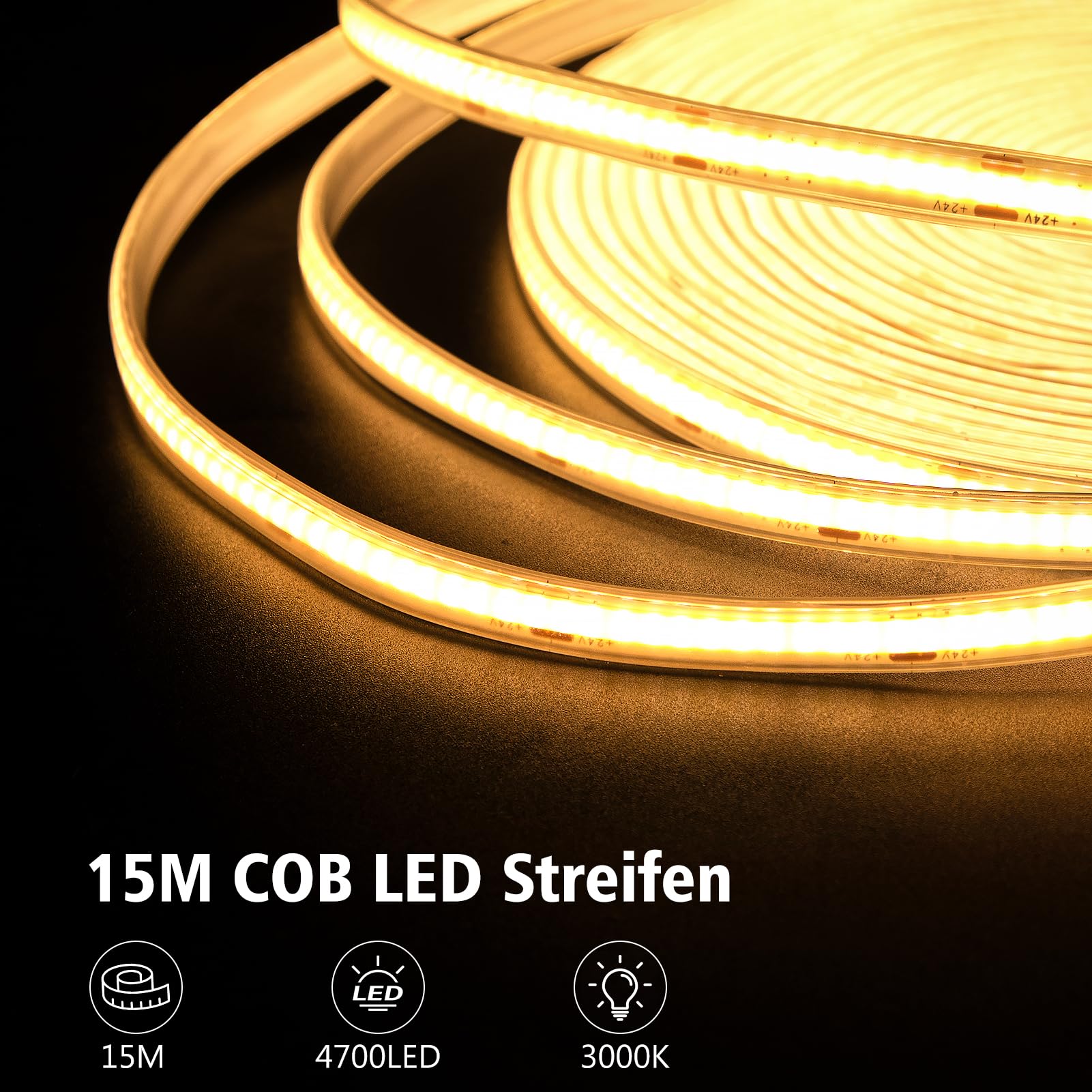 CCILAND COB Striscia LED 15M Bianco Caldo 2700K, 24V Dimmerabile Striscia LED con Timer Striscia LED Impermeabile Flessibile Autoadesiva per Casa Cucina Interni Esterni Decorazione Fai da Te